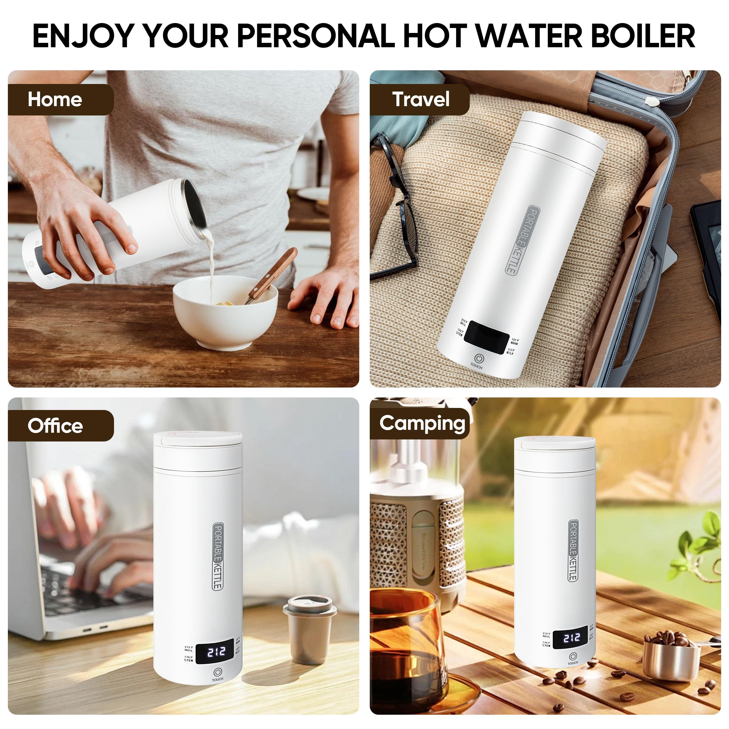 Hervidor eléctrico de viaje, calentador de agua caliente inteligente portátil, calentador de té y café, 15.2 fl oz, acero inoxidable 316, 4 controles de temperatura, pantalla LCD, agua hirviendo 8
