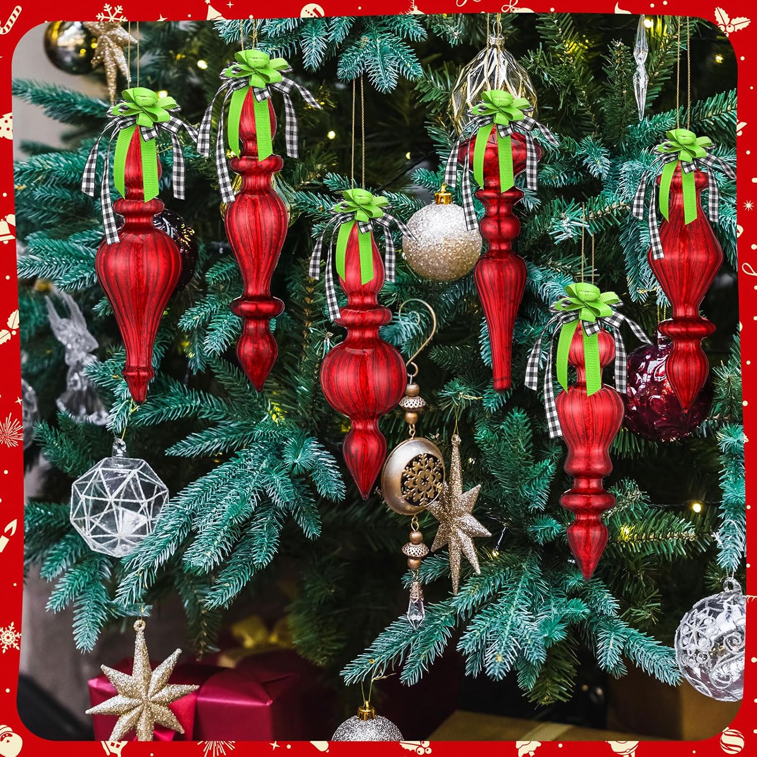 Liliful 6 Pcs 6.3 Inch Burgundy Red Mercury Glass Finial Christmas Hanging Finials Ornaments Assorted Mercury Glass Decor for Christmas Xmas Tree Vintage Holiday Decoration - Image 3