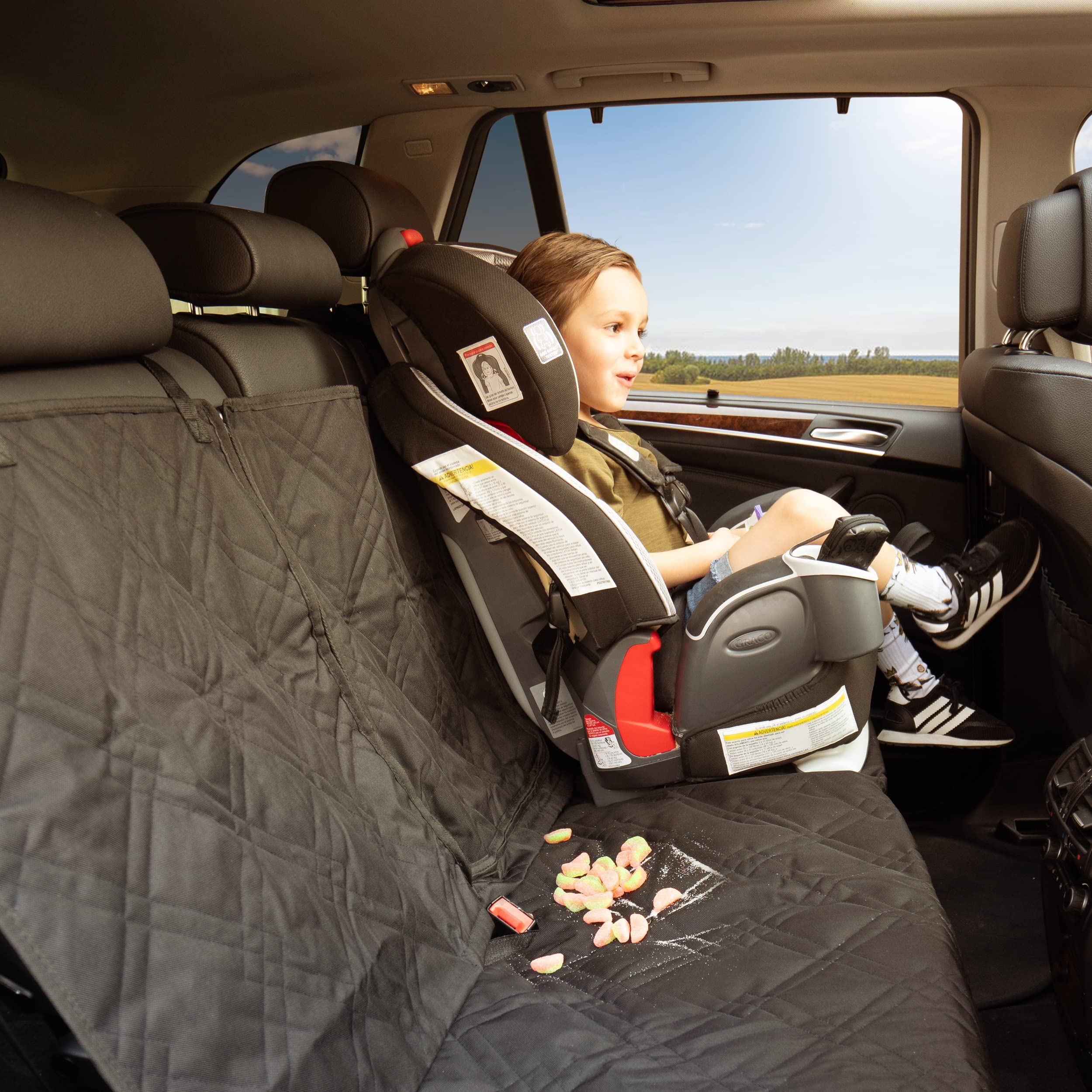 Car Back Seat Protector for Kids – Thick Padded Diamond Design Child Backseat Cover for Car Truck SUV with Non-Slip Material 100% Waterproof 600D Scratch Proof Machine Washable | Kids Car Seat Covers