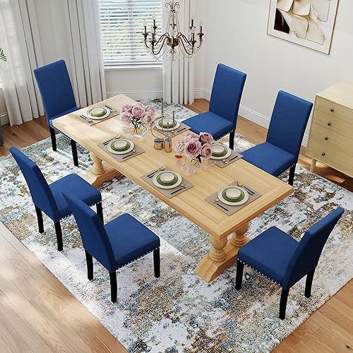 Miniatura 9 de LSSPAID Juego de 4 sillas de comedor tapizadas de tela con ribete de cabeza de clavo y patas de madera maciza para el hogar y la cocina, color azul