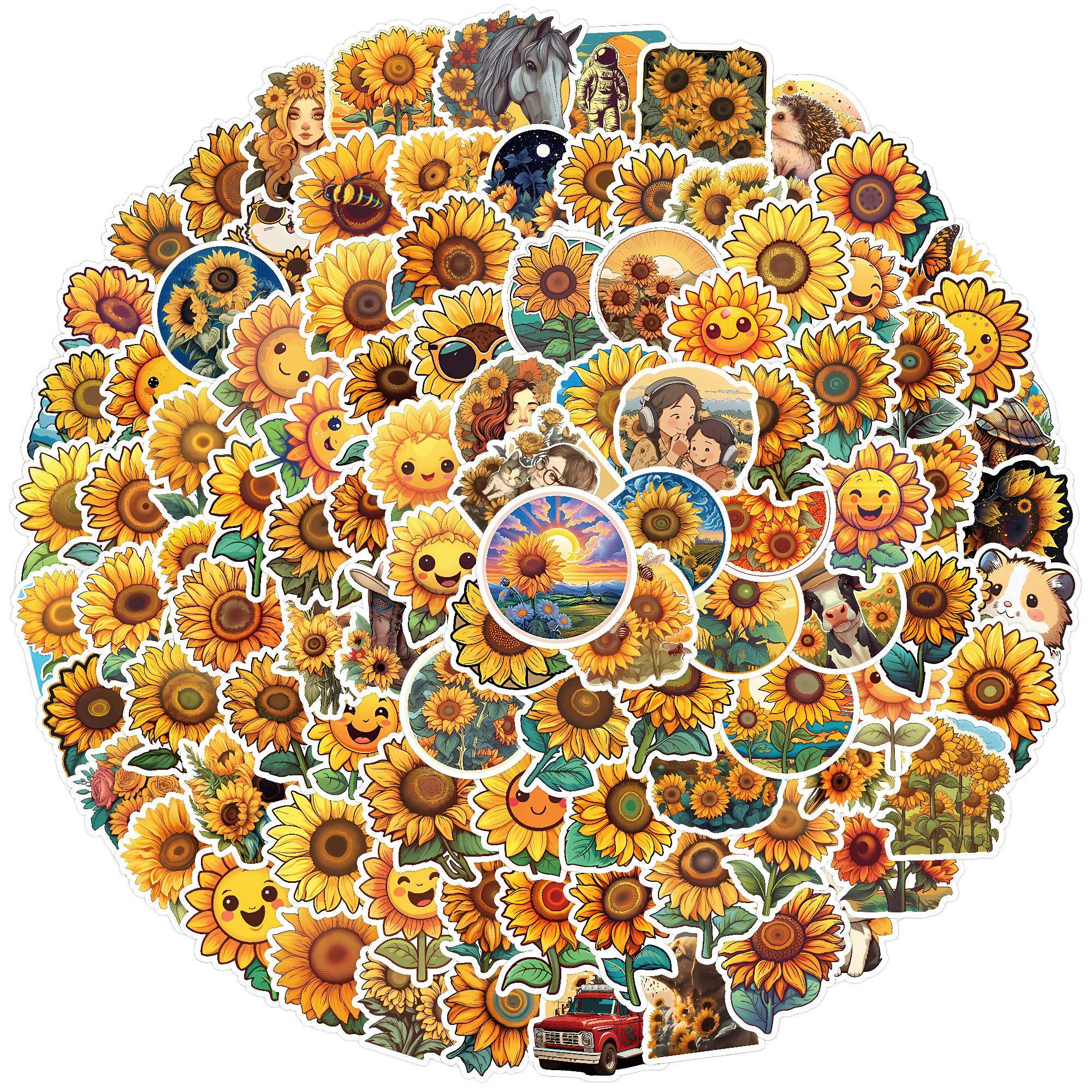 200pcs Reusable Waterproof Vinyl Decals for Kids - Vibrant Sunflower Design, No Residue & Easy Peel for Laptops, Skateboards, Luggage, Phones, DIY