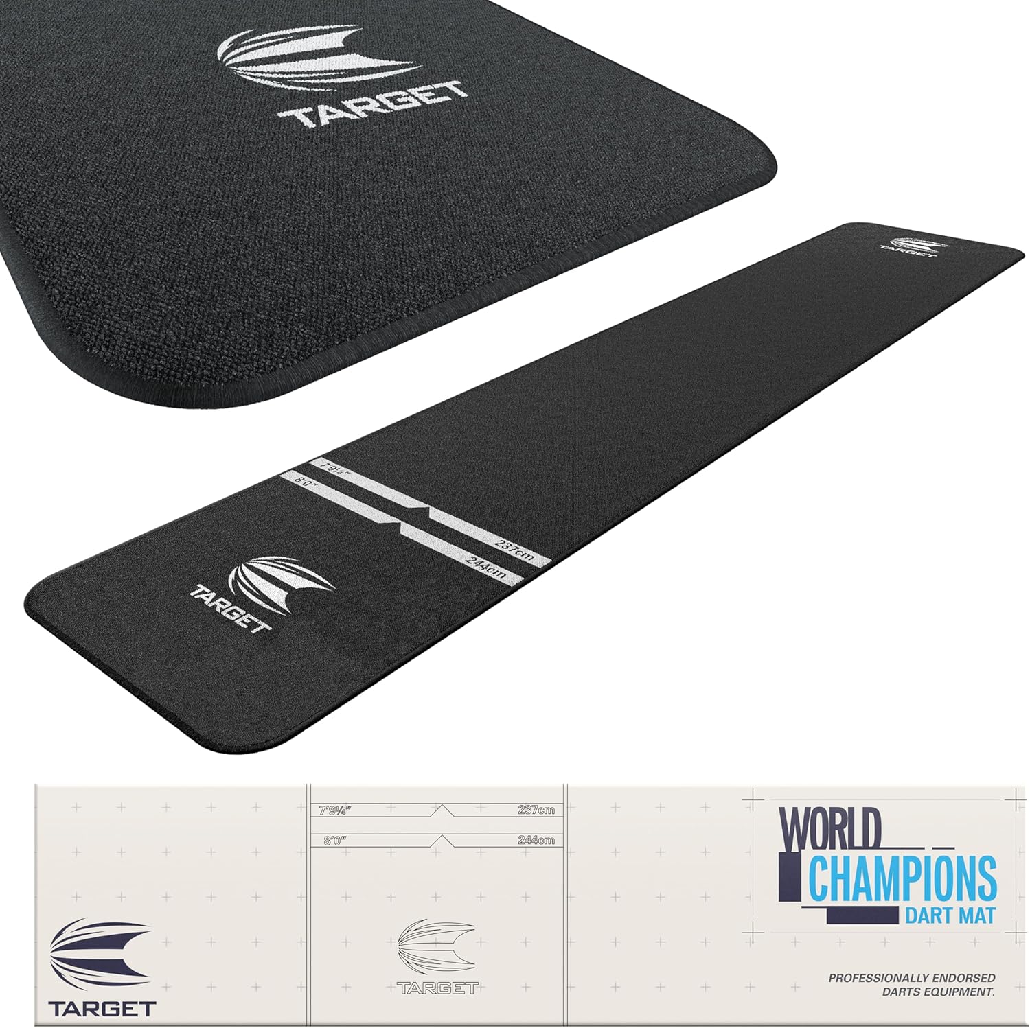 TARGET Darts Dart Mat - World Champions/Ink/Mod | Dart Oche Mat with Soft Tip and Steel Tip Throw Line Distances | Non Slip Carpet Mats for Floor and Dart Tips Protection | Darts Accessories White