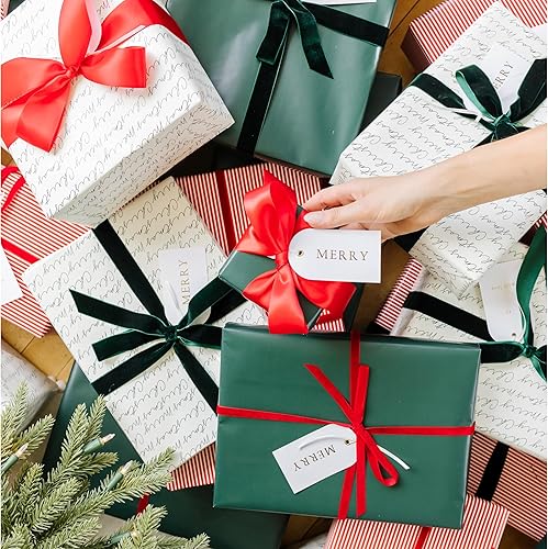 Miniatura 7 de Merry Market Paquete de 6 papeles de regalo de Navidad satinados de alta calidad, papel de regalo mínimo para vacaciones, rayas rojas, estampado de