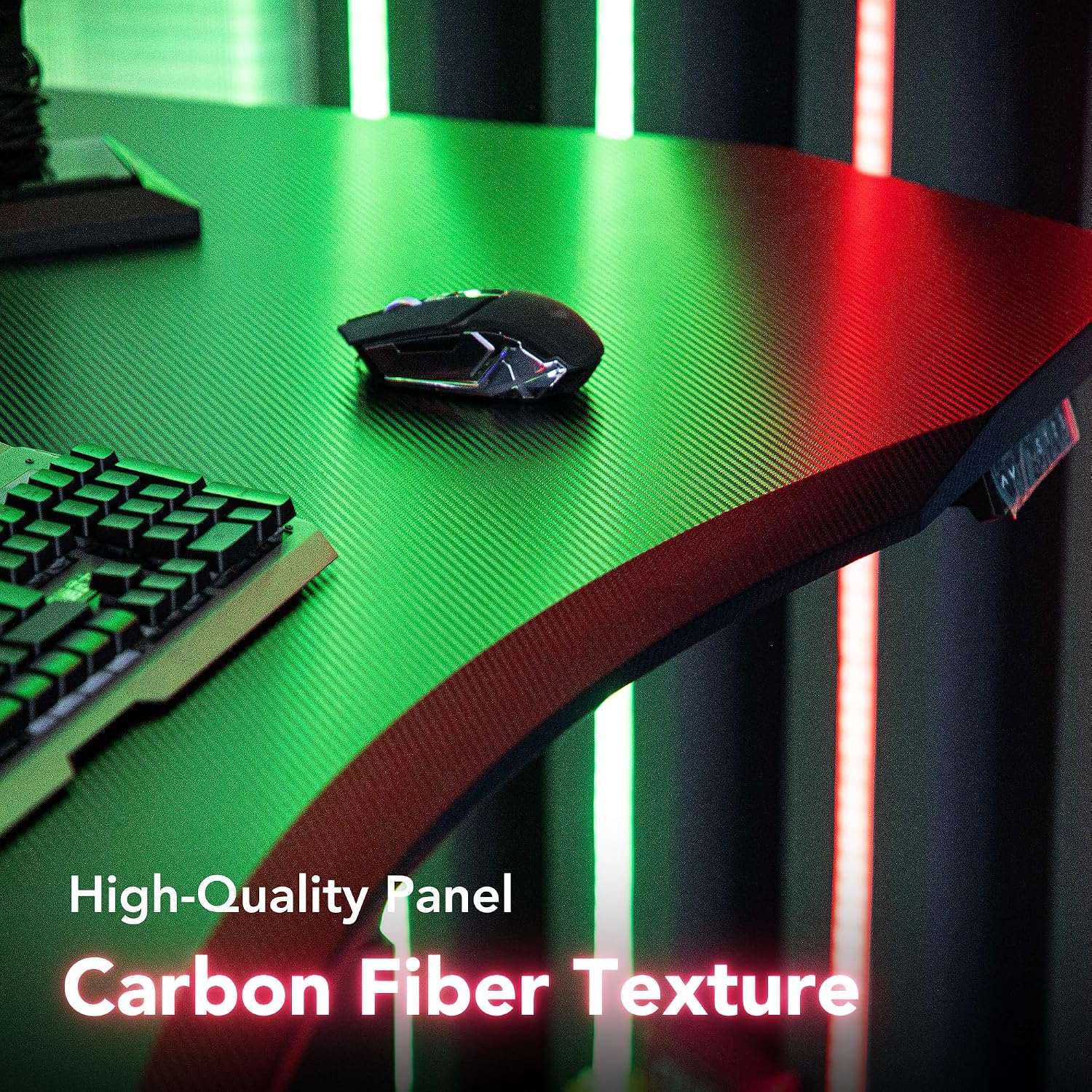 Close-up of the desk's carbon fiber textured surface.