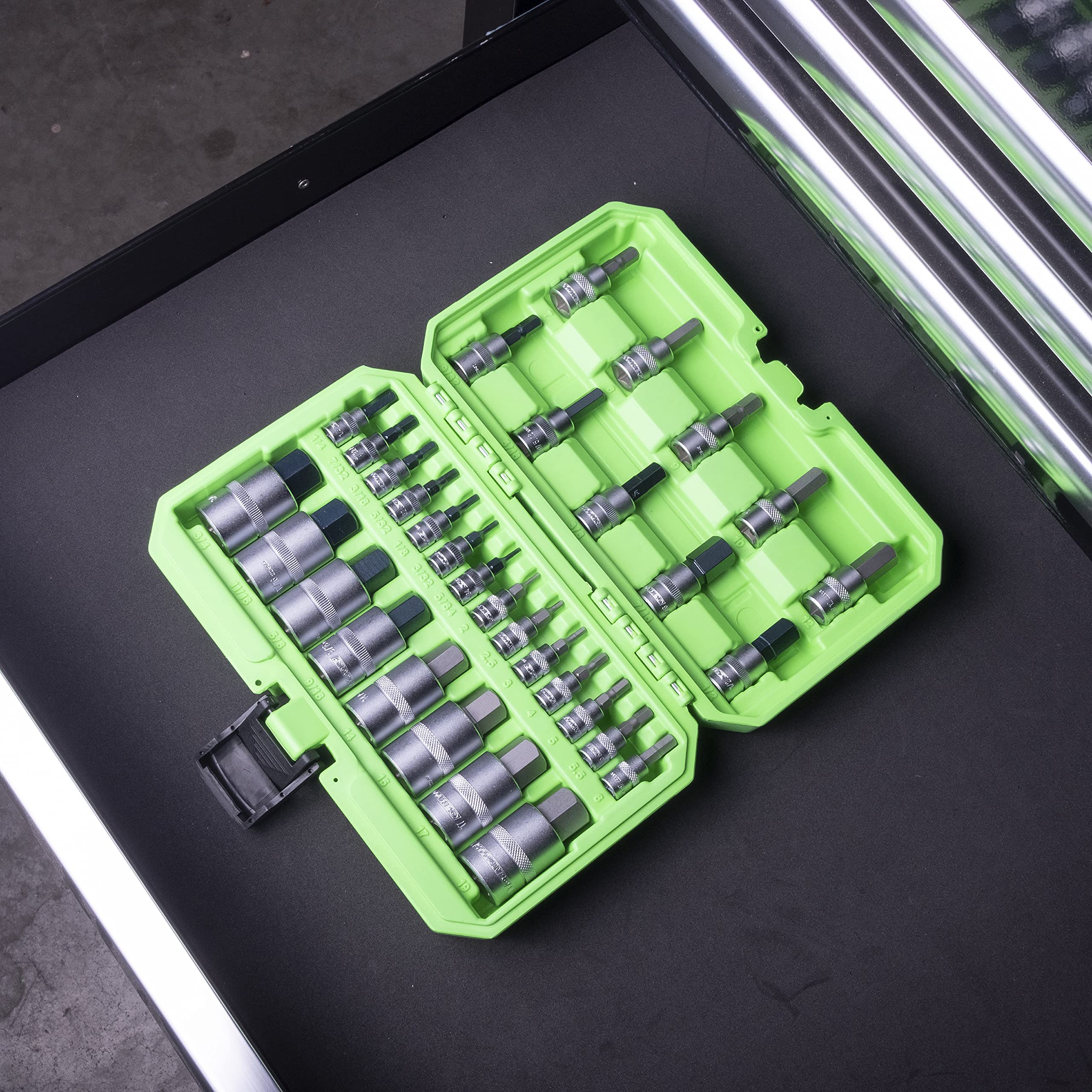 OEMTOOLS 22989 Juego de 32 llaves de vaso hexagonales, SAE y métricas, juego de llaves de vaso hexagonales de 1/2", 1/4" y 3/8" métrico y SAE incluido