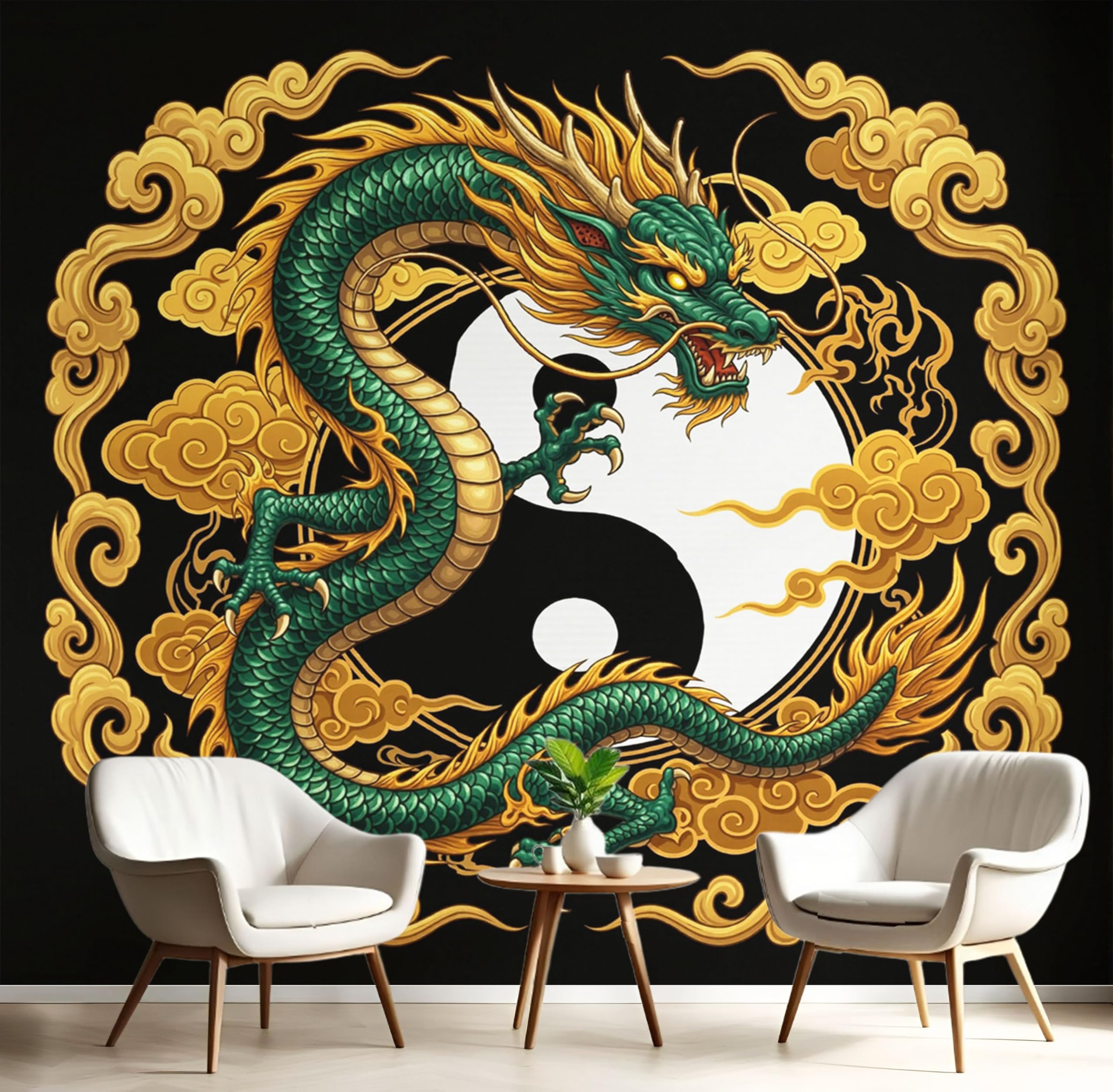 Papier Peint L'art chinois Dragon Or d'Exception pour Salon Élégant