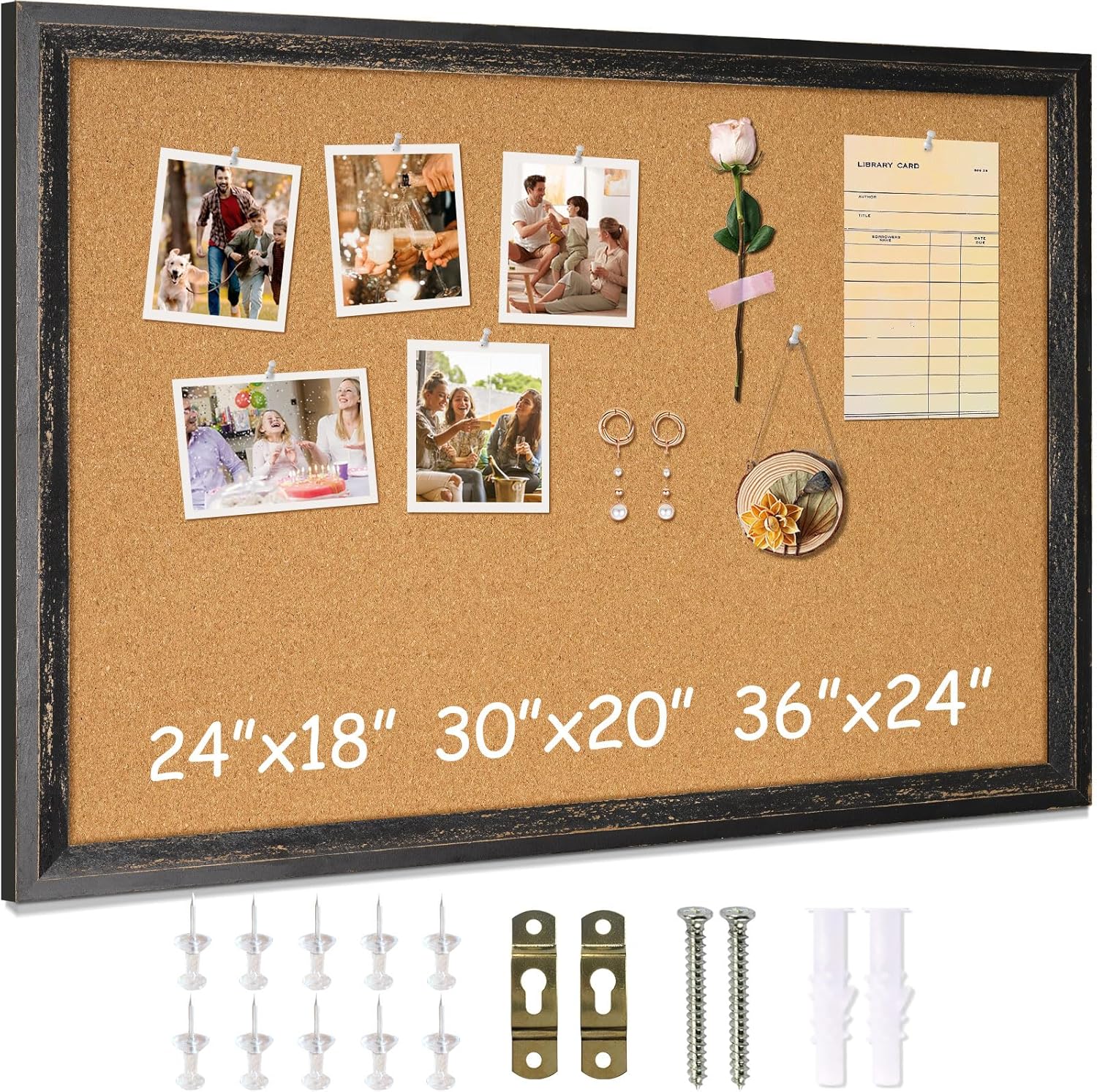 DOLLAR BOSS Cork Board for Office 24 X 18 Inches Cork Boards for Walls Bulletin Board, Decorative Hanging Pin Board Rustic Wooden Frame Vision Board Cork Notice Board for Office Home Decor, Black Black 24''X 18‘’