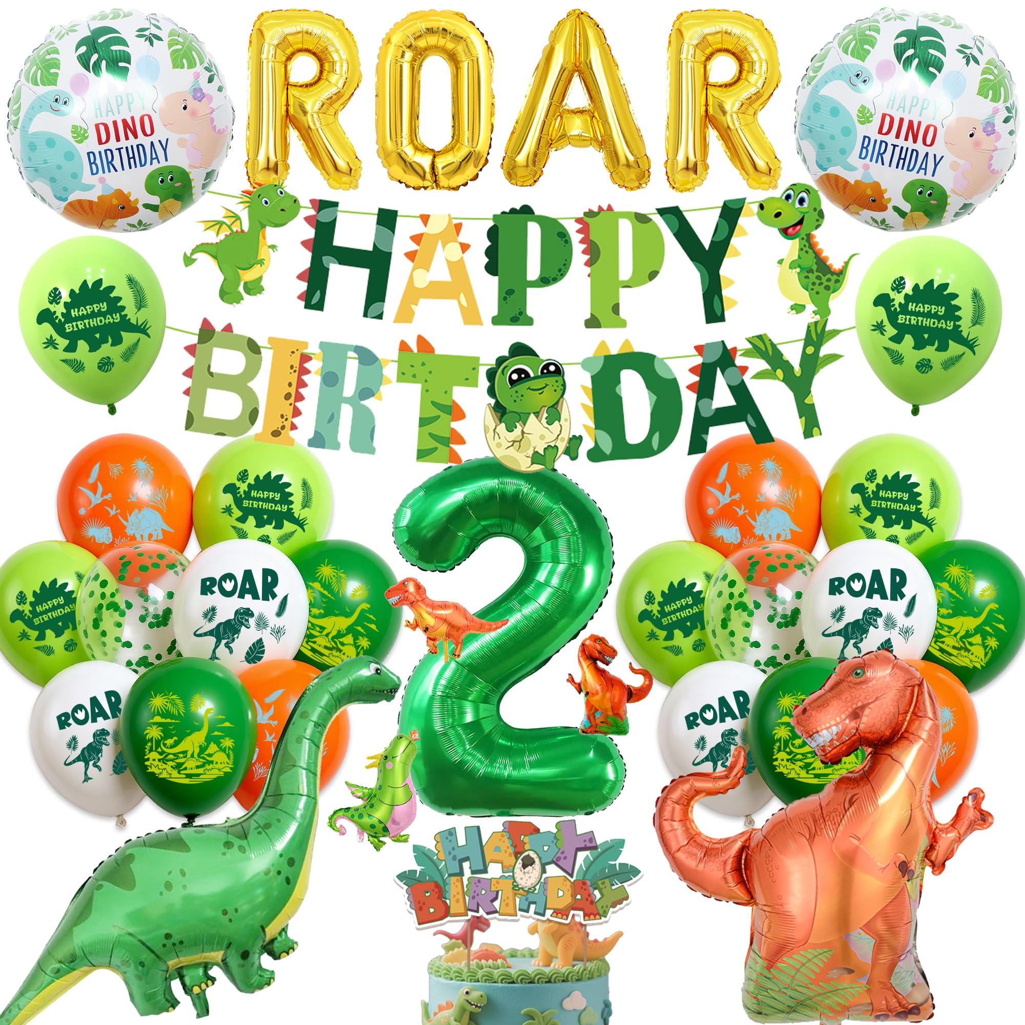 Dinosaur 2nd Birthday Balloons for Boys - Dino Happy Birthday Banner and gold ROAR Letter Balloons, Large Dinosaur and Green Numbe 2 Foil Balloon Cake Topper for Kids 2 Years Old Jungle Party Decor