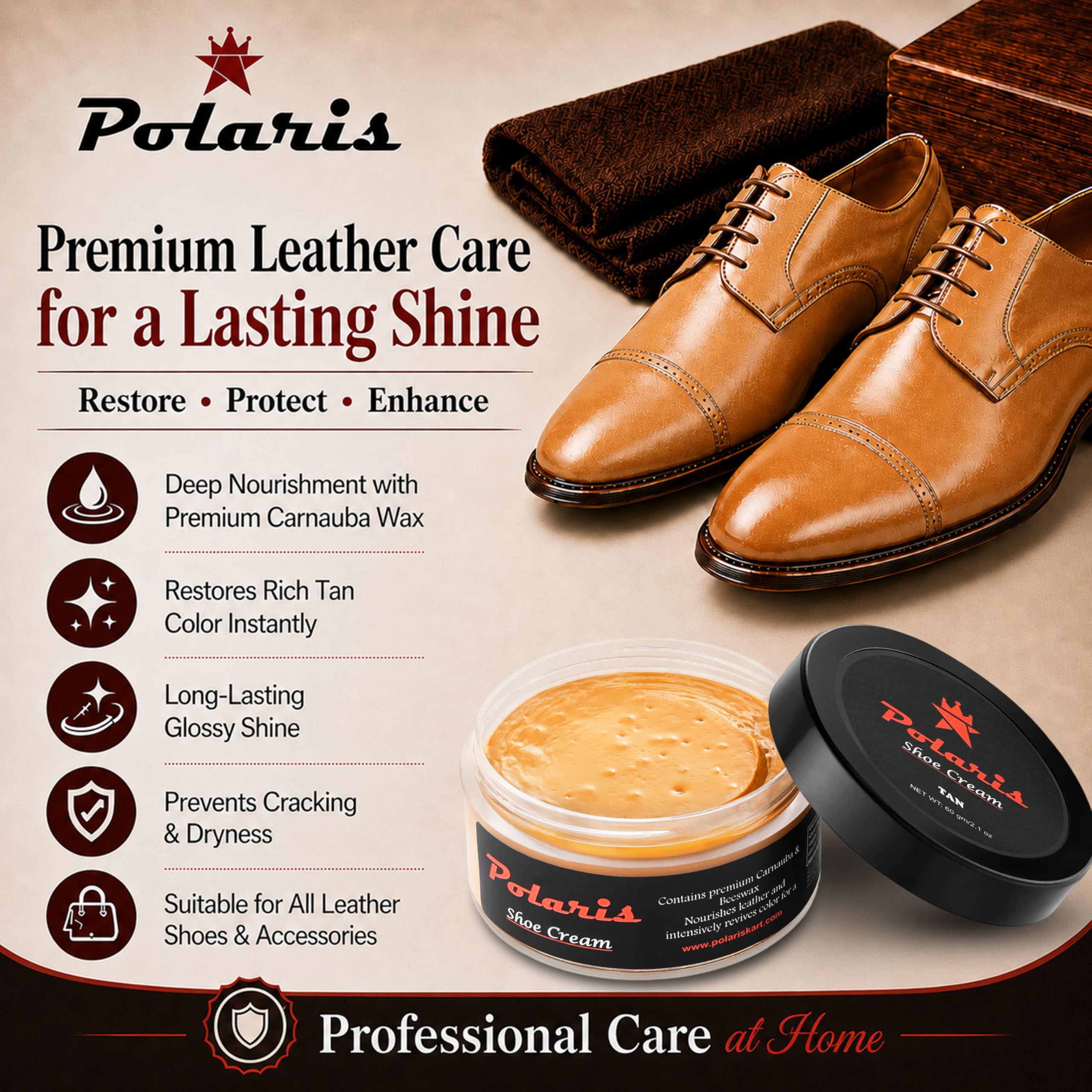 polaris Shoe Cream Tan 60gm | Premium Leather Shoe Polish & Shoe Shine Cream | Long Lasting Leather Conditioner Shoes & Shoe Color Restorer for Formal Shoes, Boots, Bags & Belts