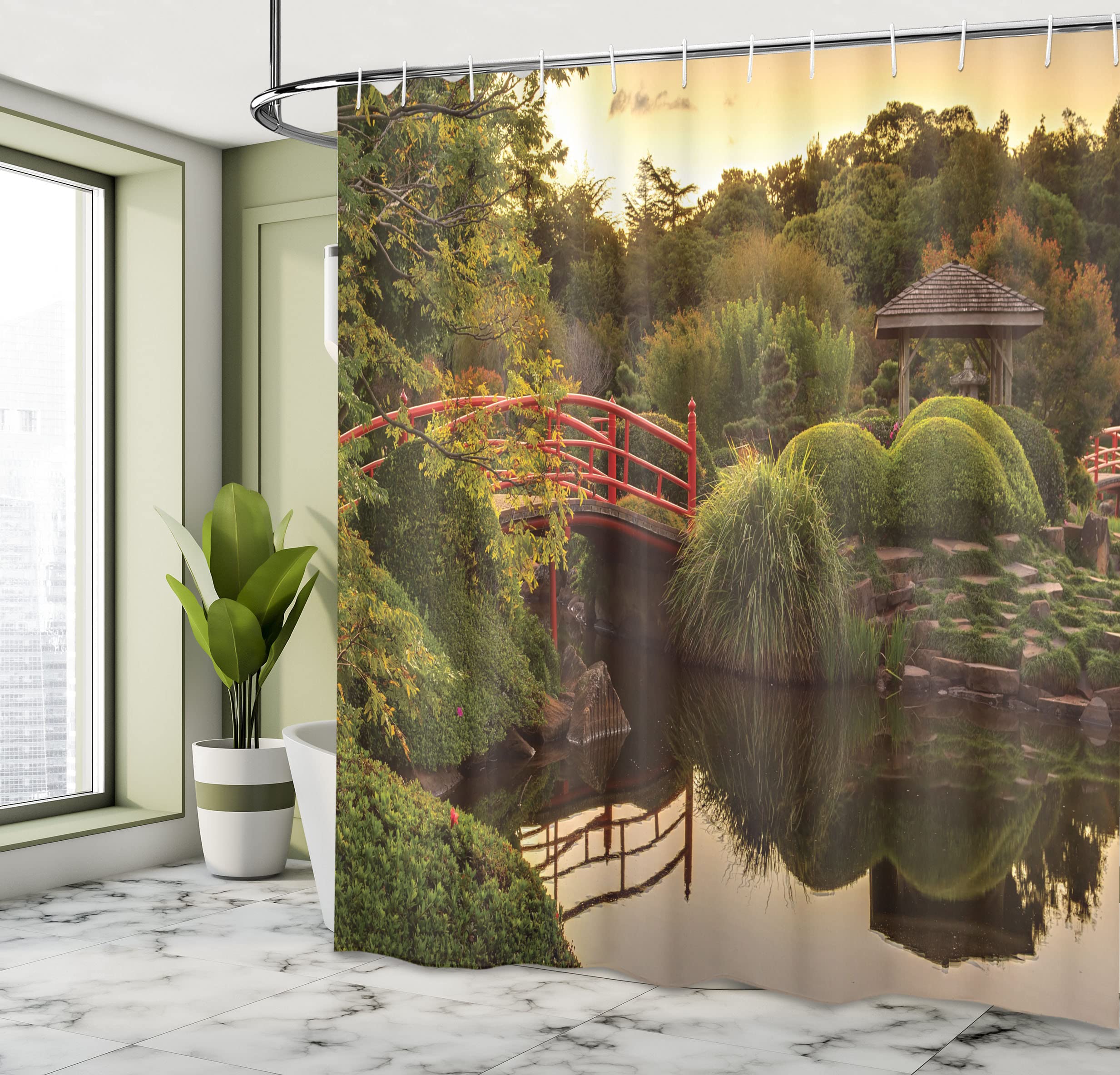 ABAKUHAUS Japanese Shower Curtain, Peaceful Garden Twilight Reflections in Water Red Bridge on Pond Sunset - Image 4