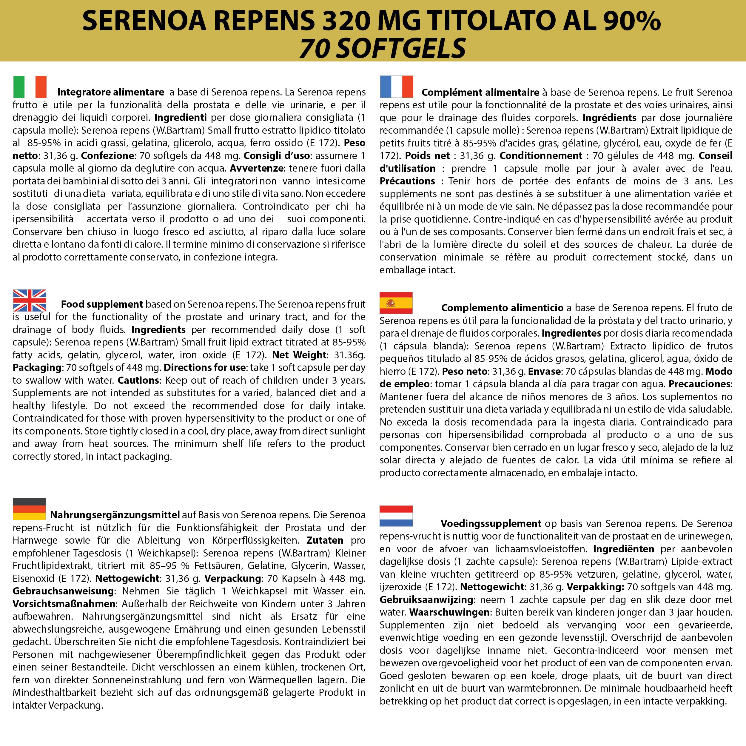 SERENOA REPENS 320 MG TITOLATO AL 90% | 70 SOFTGELS | CAPSULE MOLLI PER LA PROSTATA E PER LE VIE URINARIE | 1 PERLA AL GIORNO | LA BOTTEGA DEGLI INTEGRATORI (1 Confezione da 70)