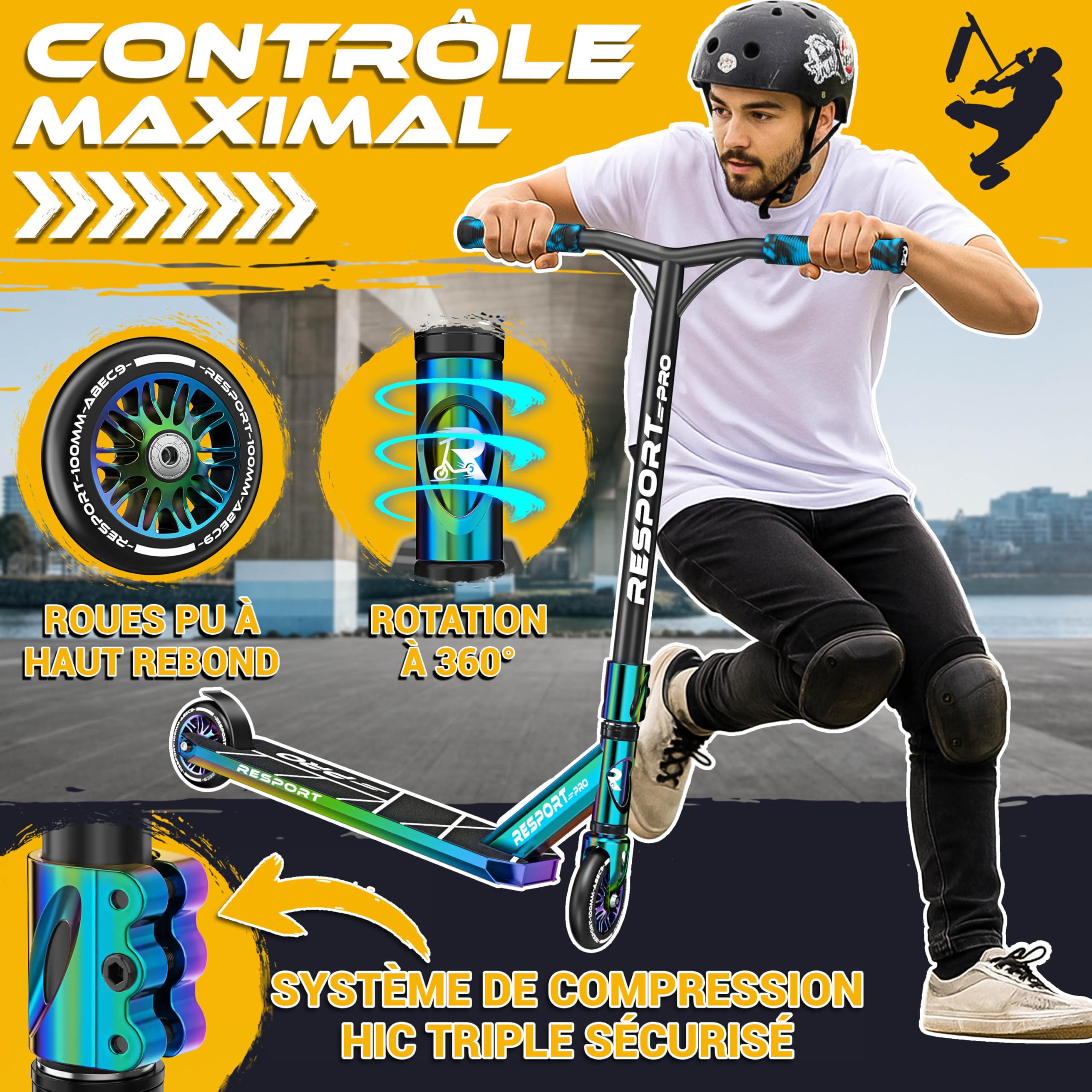 RE:SPORT Trottinette Stunt Revo Pro pour enfants et adultes, avec support, 110 mm, roues en PU et barre en Y, roulement à billes ABEC 9, trottinette cascade, trottinette cascade, trottinette freestyle