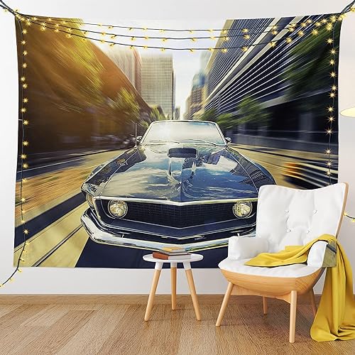 Miniatura 9 de Ambesonne Tapiz retro, auto clásico vintage en calle urbana, imagen nostálgica de auto en la ciudad, para colgar en la pared ancha para dormitorio,
