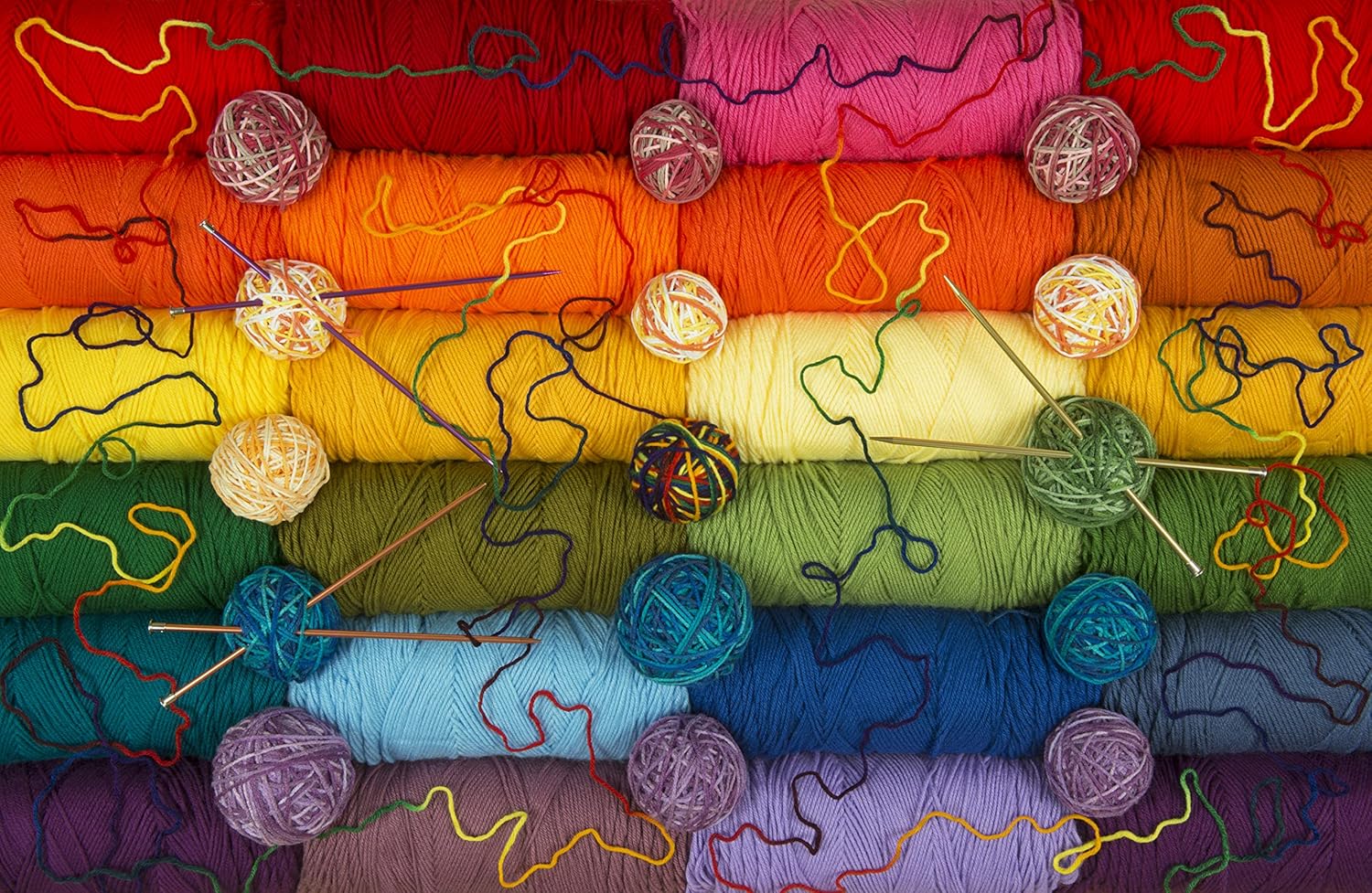 Twisted Yarn 1000 Piece Puzzle - Colorful Knitting Yarn Tangle Jigsaw Puzzle, Brightly Colored and Arranged in Colorful Rows.