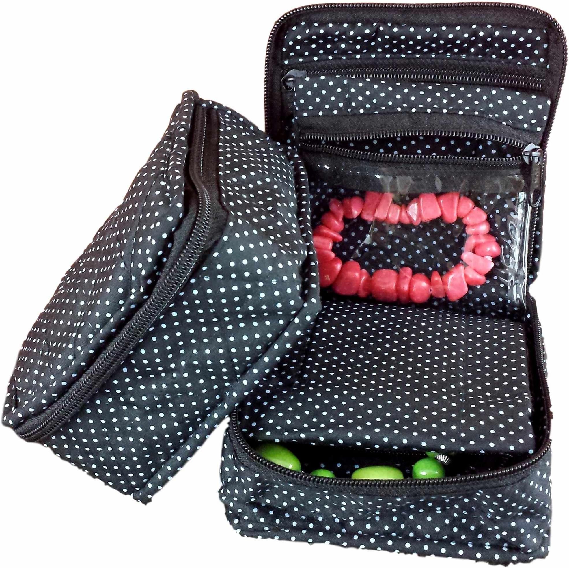 Handmade Quilted 100% Cotton Cosmetic Organizer Jewelry Bag Travel Pouch Small Polka Dot Black