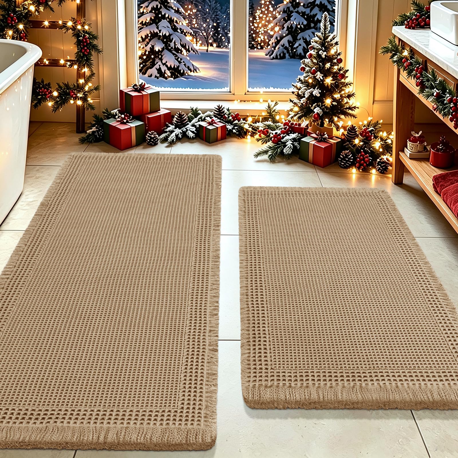 Upgrade Waffle Bath Mat Set 2 Piece, Boho Bathroom Rugs Absorbent Non Slip, Ultra Soft Bathroom Mat, Machine Washable Knit Bath Rugs with Border for Bathroom, Bedroom, Kitchen, Shower, Tub, Beige