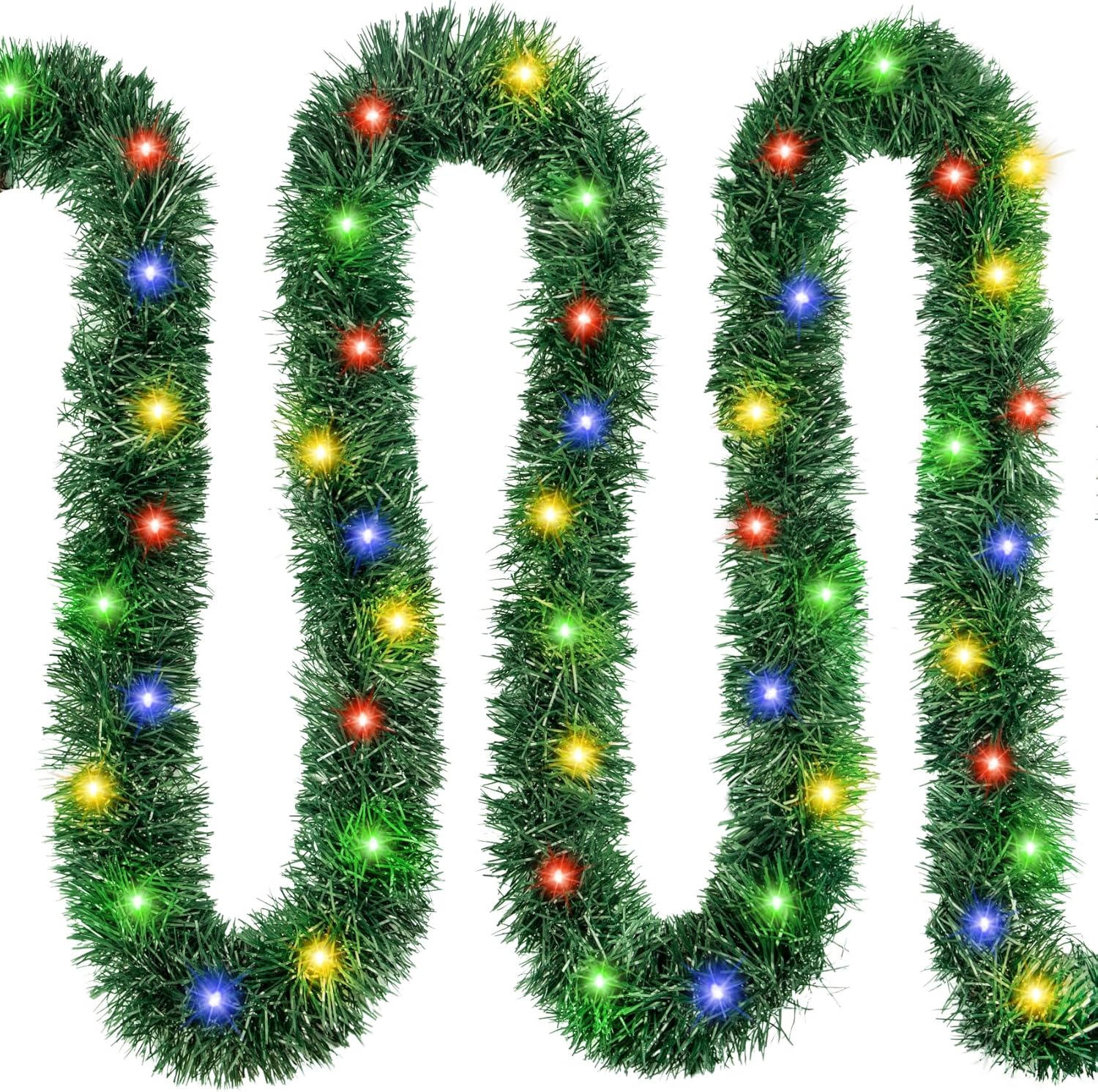 39.4FT Pre-lit Christmas Garland with Lights, 150 Colorful Artificial Lighted Tinsel Pine Garlands for Decoration Christmas Xmas Winter Garland for Mantle Door Stairs Party Indoor Outdoor Home Decor Multi Color 39.4FT