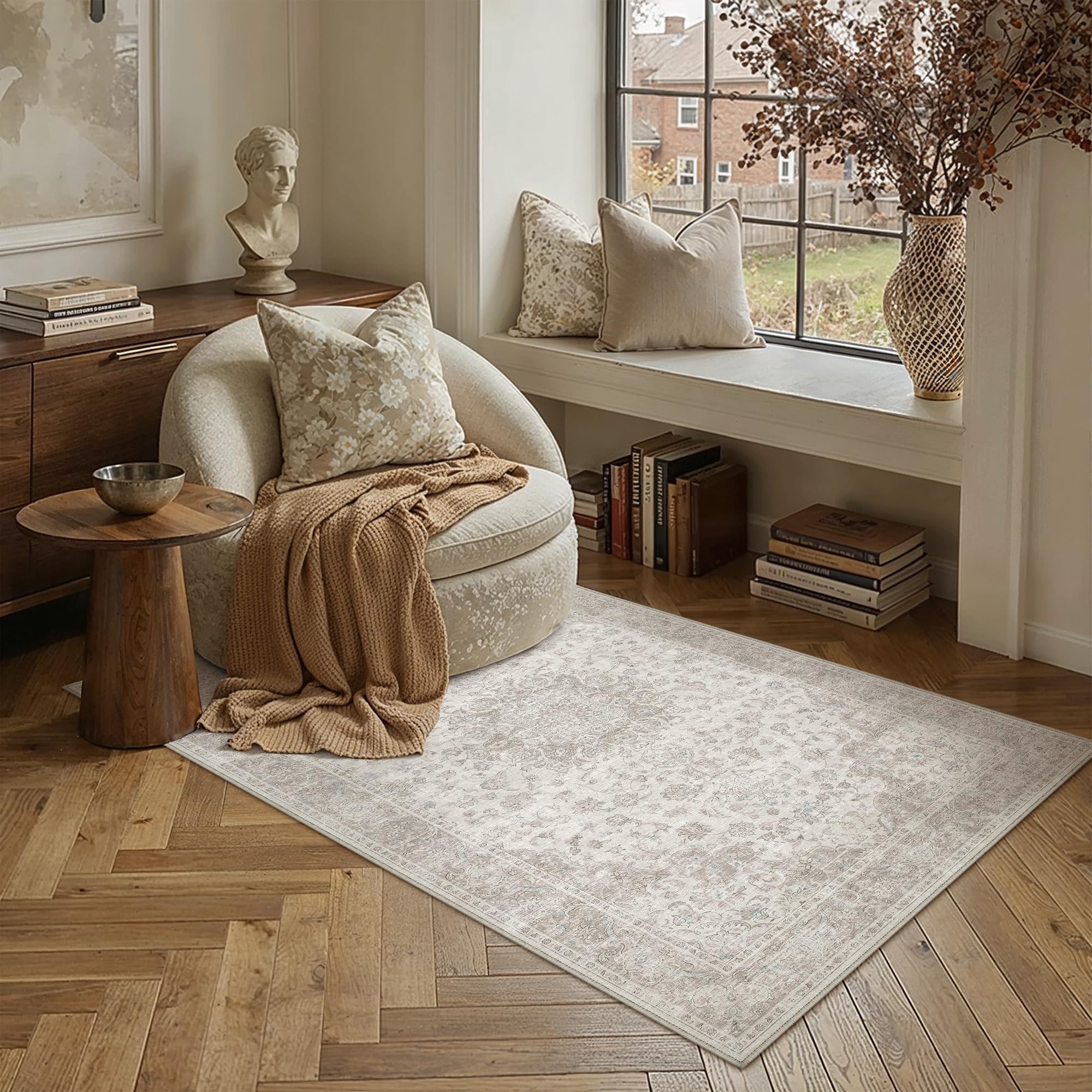 PureCozy 3x4 Washable Small Area Rug Neutral Beige Vintage Floral — image 1
