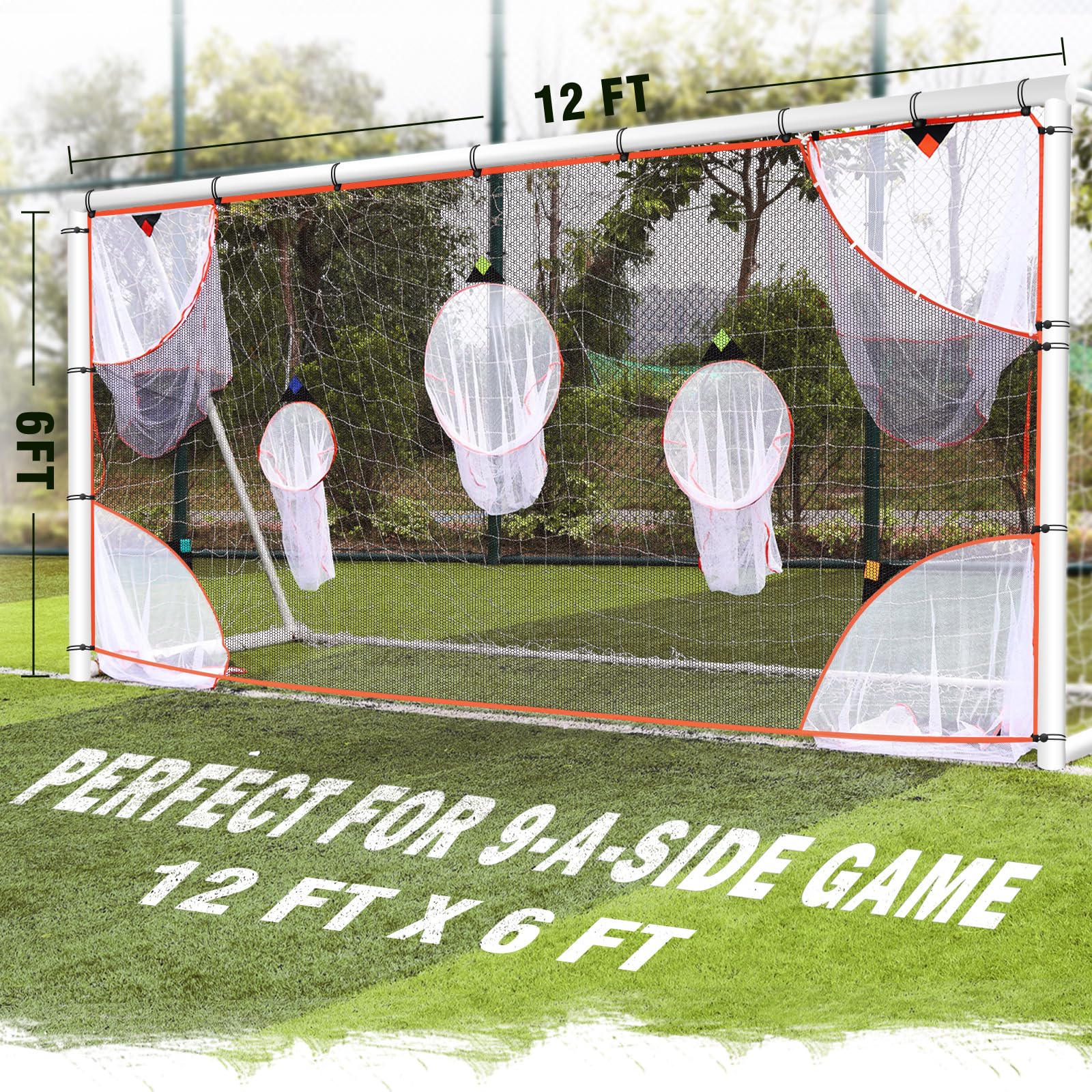 Questa Rete da Porta da Calcio, con 7 Zone di tiro Colorate e Ben evidenziate, è Portatile e Facile da riporre (Solo Rete e Telaio Non Inclusi).