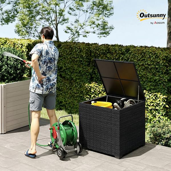 Outsunny 253L Garden Storage Box, Rattan Deck Box with Waterproof Zipped Liner, Safe Pneumatic Rod, Patio Rattan Storage Container for Backyard Gardening Tools, Black - 2