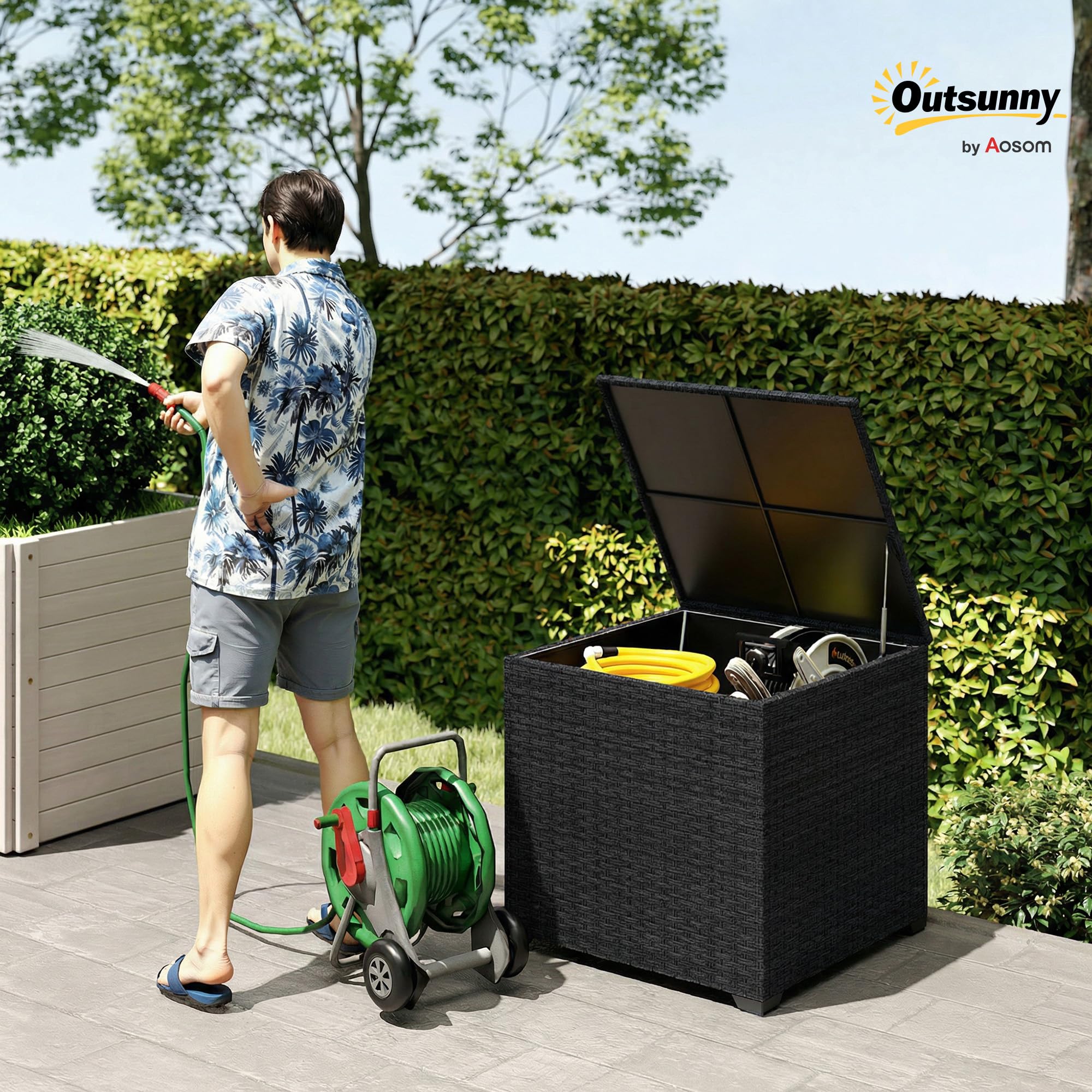 Outsunny Baúl de Almacenaje Exterior de Ratán Sintético de 253L, Arcón Exterior con Varilla Hidráulica, Forro con Cremallera y Marco de Acero, Carga 50 kg, para Jardín, Terraza, 72x72x70 cm, Negro