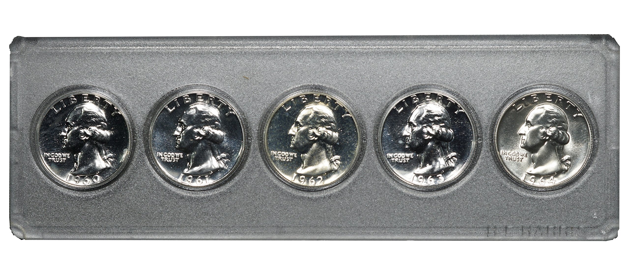 1960, 1961, 1962, 1963 & 1964 Proof Silver Washington Quarters, 5 Coins in Plastic Case