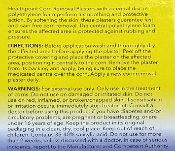 Healthpoint Corn Removal Plasters, Relieves and Removes Corns, Immediate Pressure Relief, Quick and Easy Application, Soft and Protective, Dermatologically Tested, 1 Size, 6 Patches