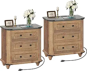 DWVO Nightstand Set of 2 with Charging Station, Farmhouse Bedside Table with 3 Drawers, Wood Night Stand w/Storage, Rustic Bed Side End Table for Bedroom Dorm Small Space, Brown
