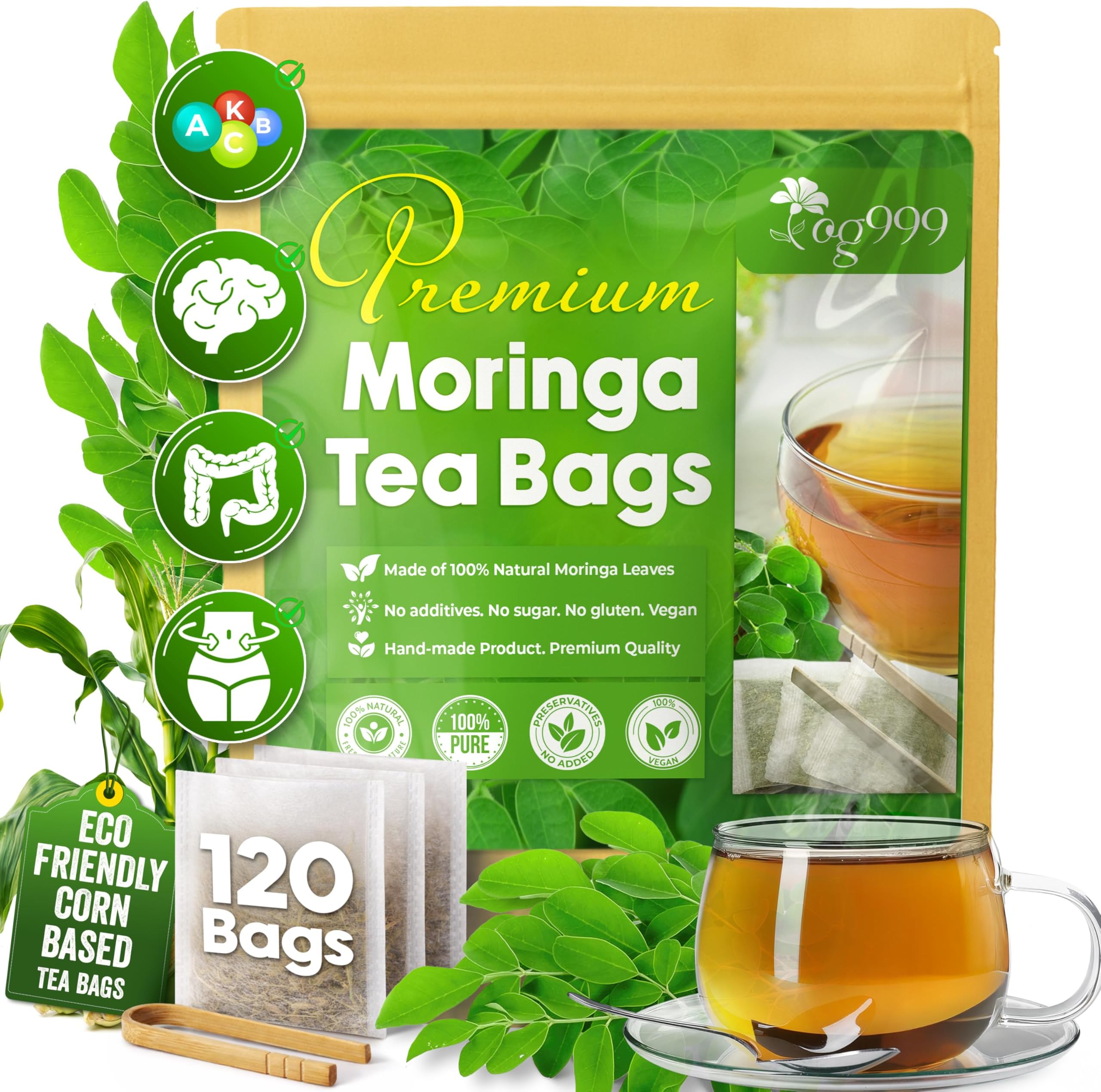 TOG999, Premium 120 Moringa Leaf Tea Bags, 100% Natural & Pure. Loose Leaf Moringa Herbal Tea. No Sugar, No Caffeine, No Gluten, Vegan.