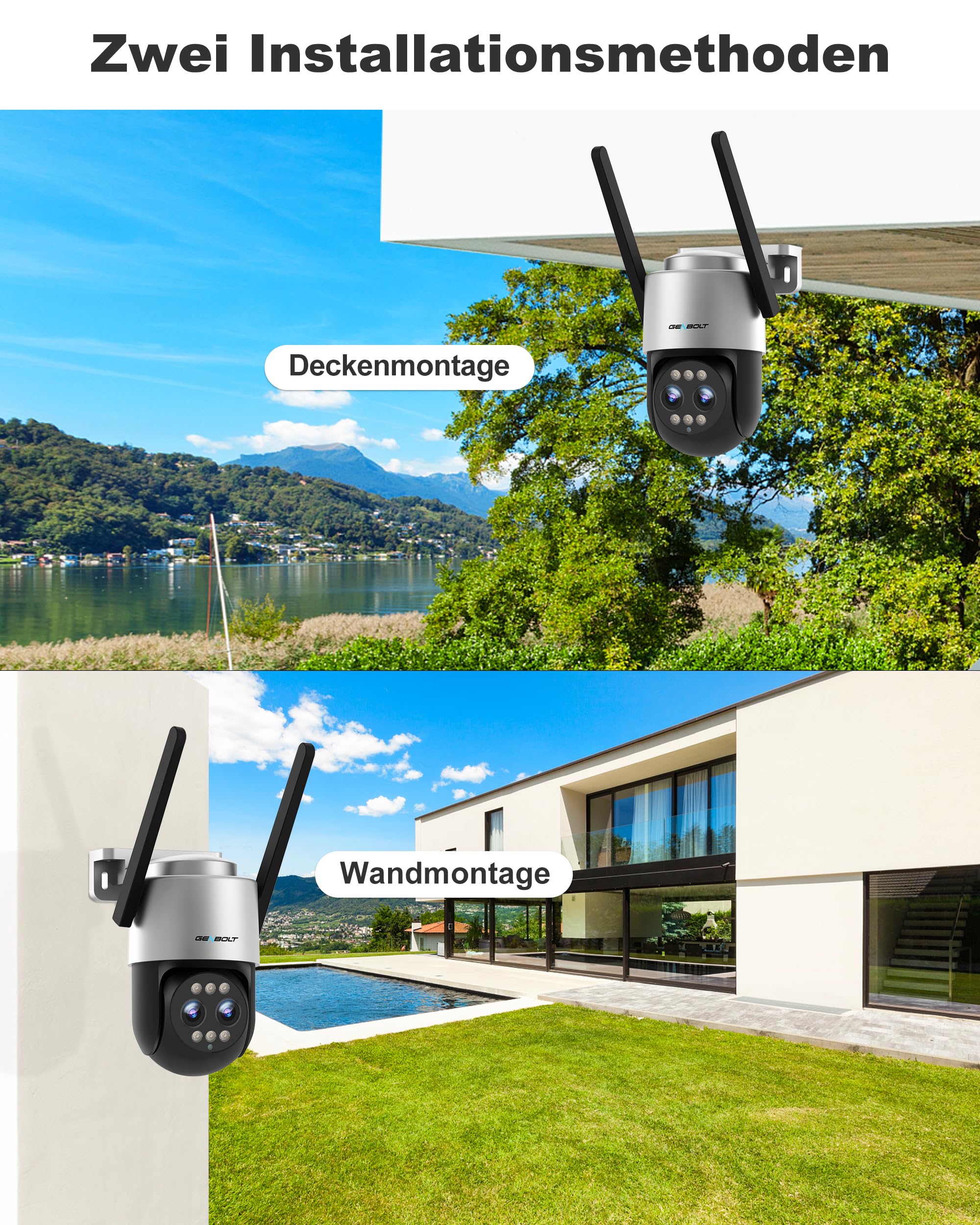 GENBOLT 2,5K PTZ WiFi Überwachungskamera für den Außenbereich mit PoE,Dual-Linsen CCTV Heim-Überwachungskamera mit 10X Hybrid Zoom,IP-Kamera mit Farbnacht 4MP,automatische Verfolgung(2,4&5GHz)