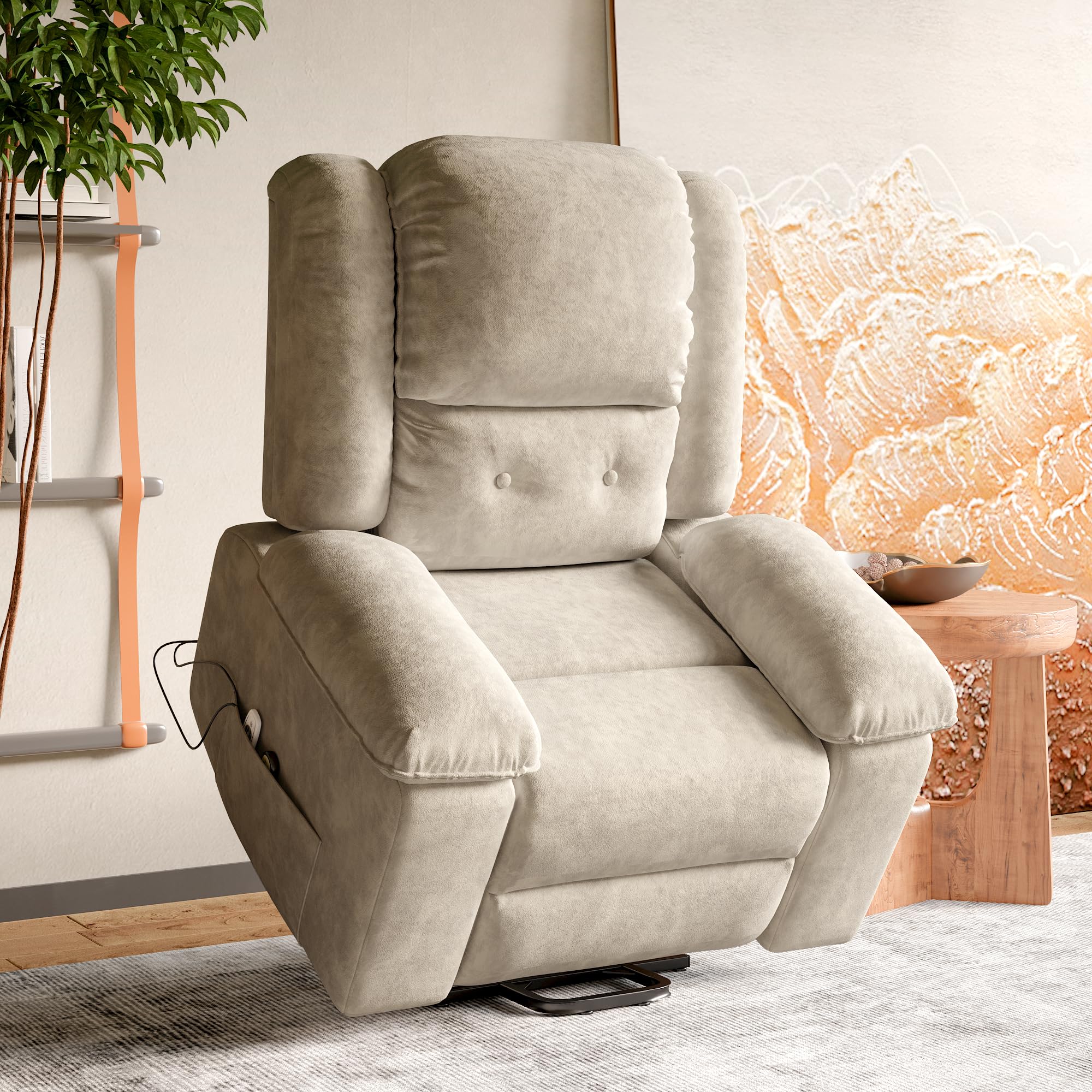 Sillón Relax Reclinable, Silla con Respaldo Reposabrazos, Sillón de TV con Reposapiés, Respaldo Alto, Stand-up Aid, eléctricamente Ajustable, función de calefacción y Masaje, Beige+Gris