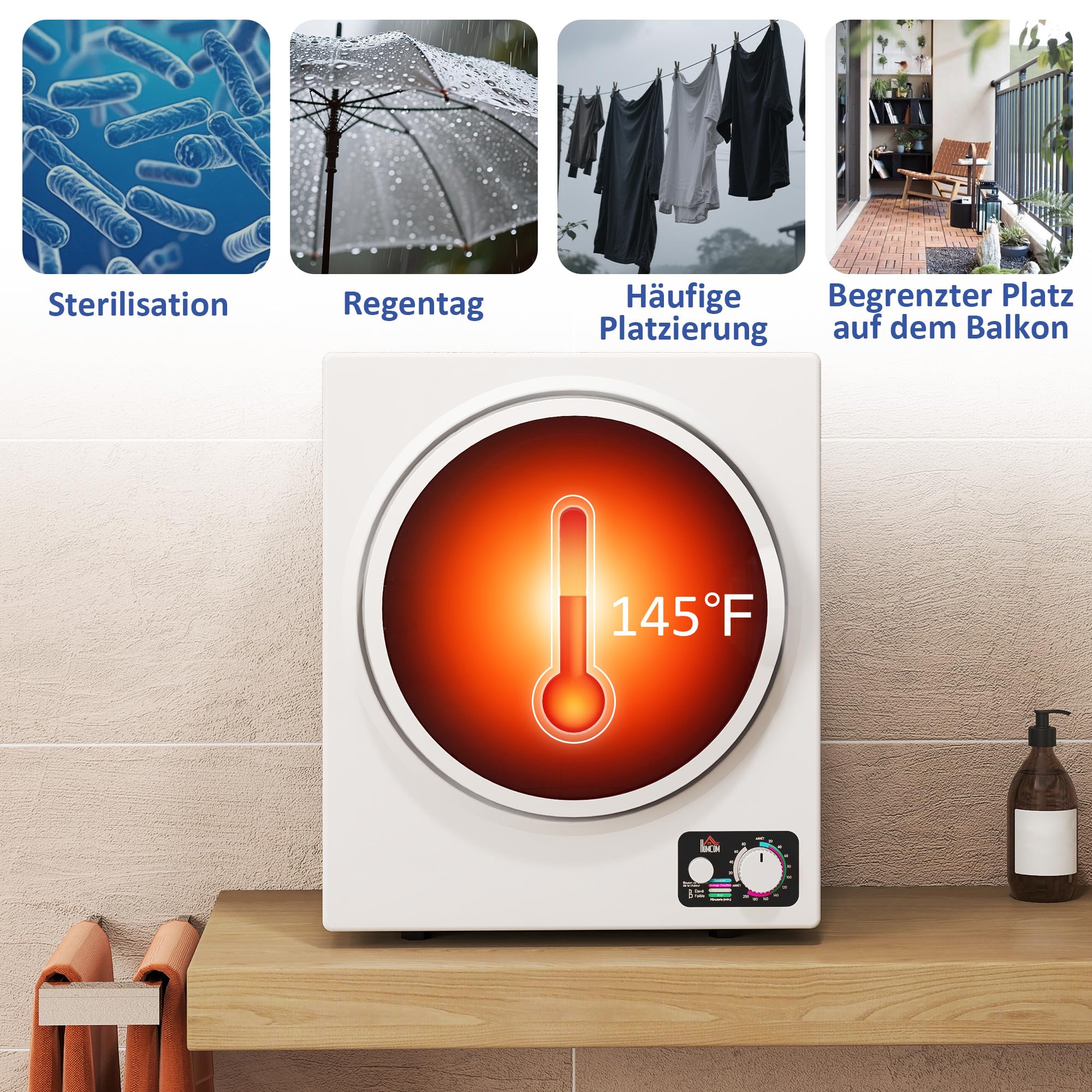 HOMCOM Mini Wäschetrockner 4 kg mit 4 Programme bis zu 65℃ 850W Freistehend Wandmontierbar Ablufttrockner mit 2 Heizstufen, Sterilisation, Edelstahltrommel Trockner für Kleidung Wohnmobile Weiß