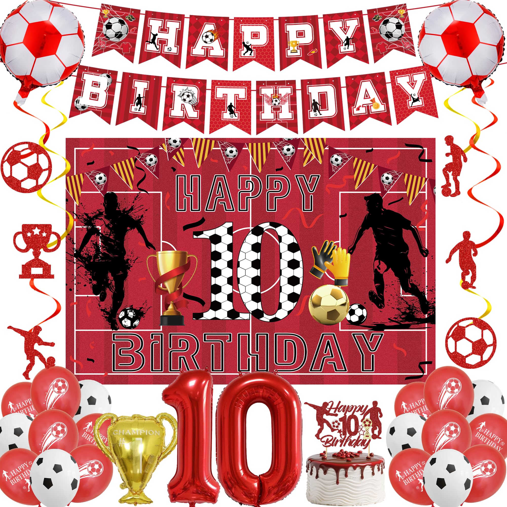 LPPIIUSSU Football 10th Birthday Party Decorations - 33 Pcs Red Soccer Party Happy Birthday Banner Hanging Swirls Backdrop Latex Foil Balloons For Fans Sports Theme 10 Years Old Party Supplies