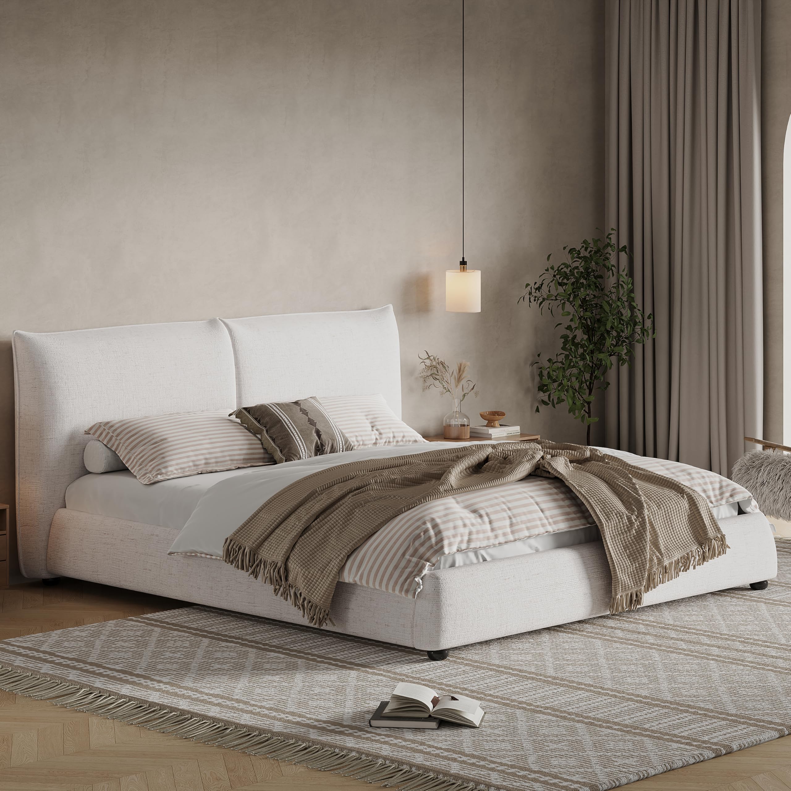 Merax Modern Upholstered Plattform Bed with Linen Pillow-Back Headboard, King Size Wood Floor Bed Frame with High Wingback, No Box Spring Needed, Easy