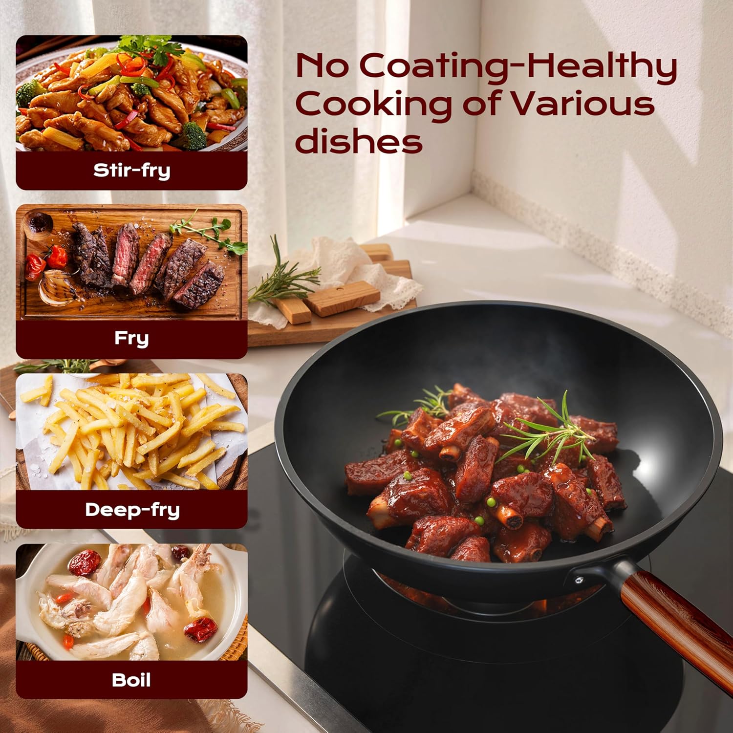 Carbon Steel Wok 13-Inch Wok Pan with Glass Cover Silicone Spatula, Non-Stick Surface Woks & Stir-Fry Pans Pre-Seasoned Chinese Wok Pan for Induction, Electric, Gas Stoves Cooking