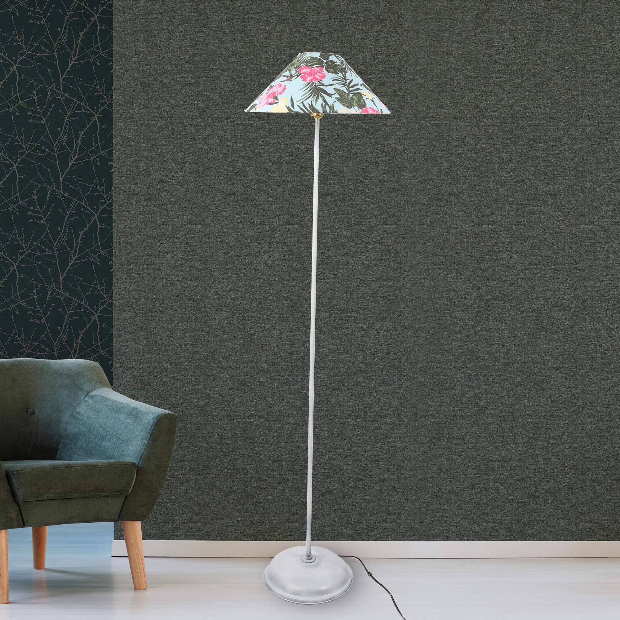 Tu Casa-TC-144.-.Height-56.-.Floral printShade.-.with Metal Base FloorLamp (B-22 - Brass Holder-Bulb NOT Included).-Bed Switch-Not Included