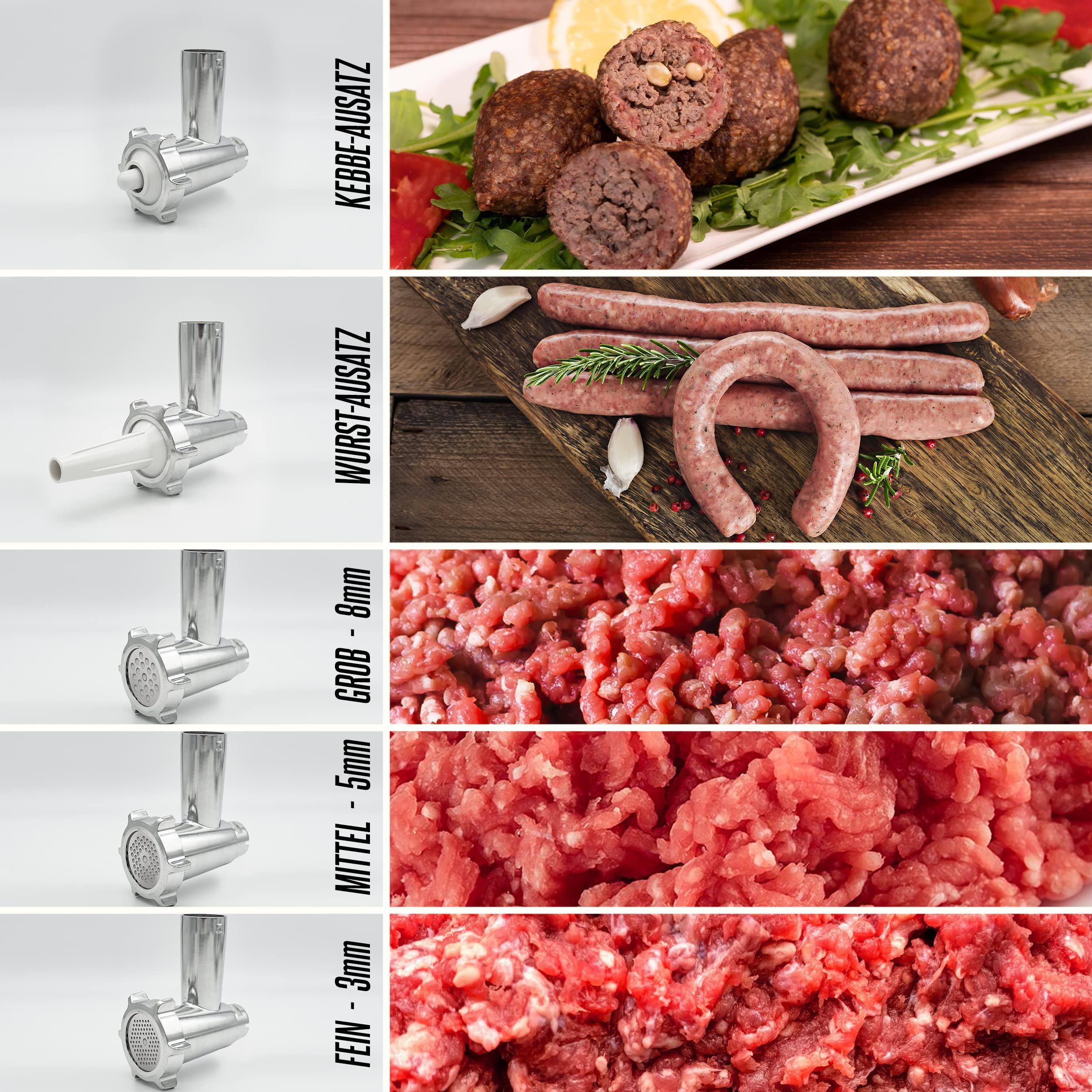 HEINRICHS - Tritacarne Elettrico 1800W Con 3 Griglie + Accessori Kebbe E Salsiccia, 2kg/Min, Motore Potente, Ingranaggio In Metallo, Macchina per Salsicce Professionale