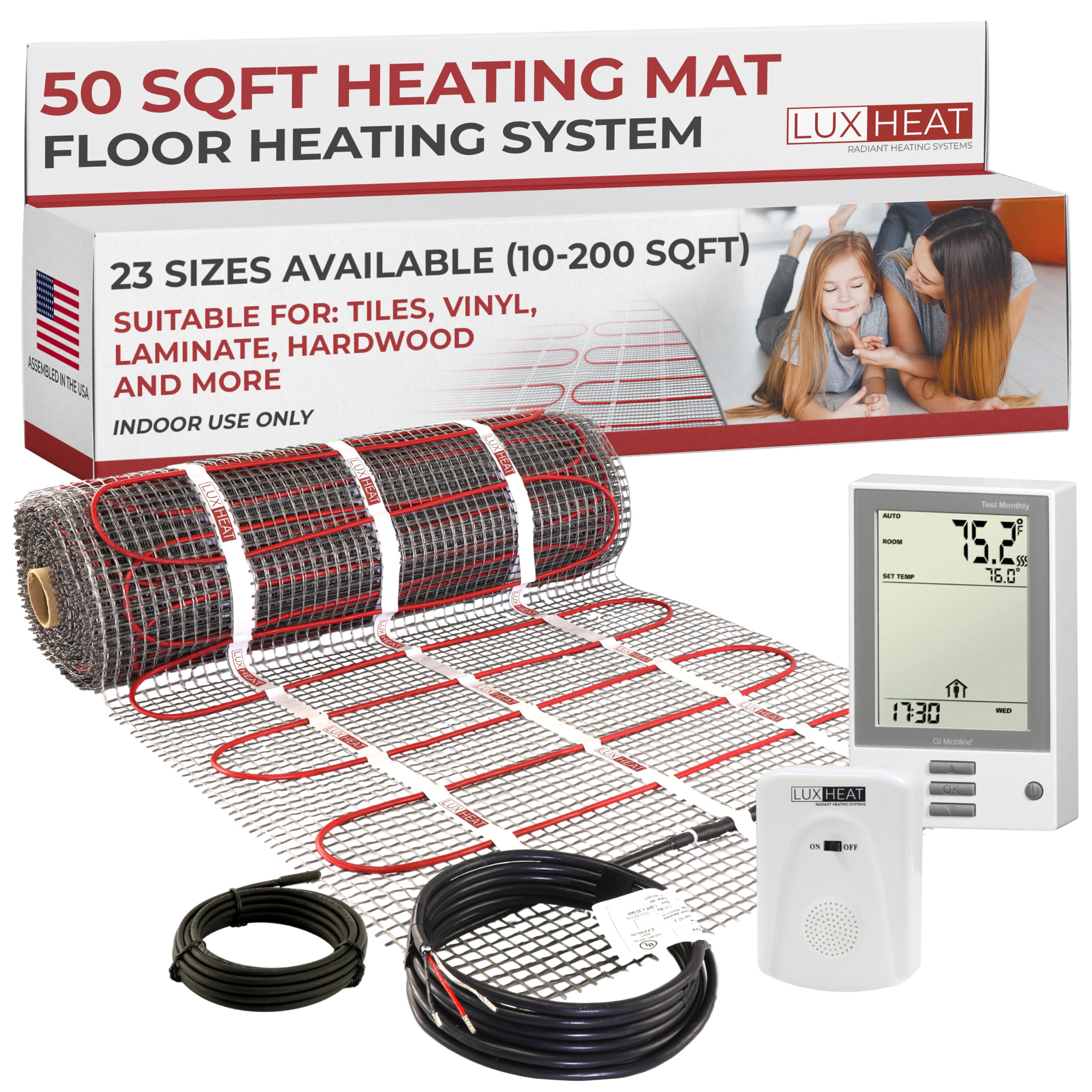 LuxHeat 50sqft Floor Heating Mat Kit - 120v Electric Floor Heating System - Complete Electric Radiant Heated Flooring System Includes Alarm, UDG