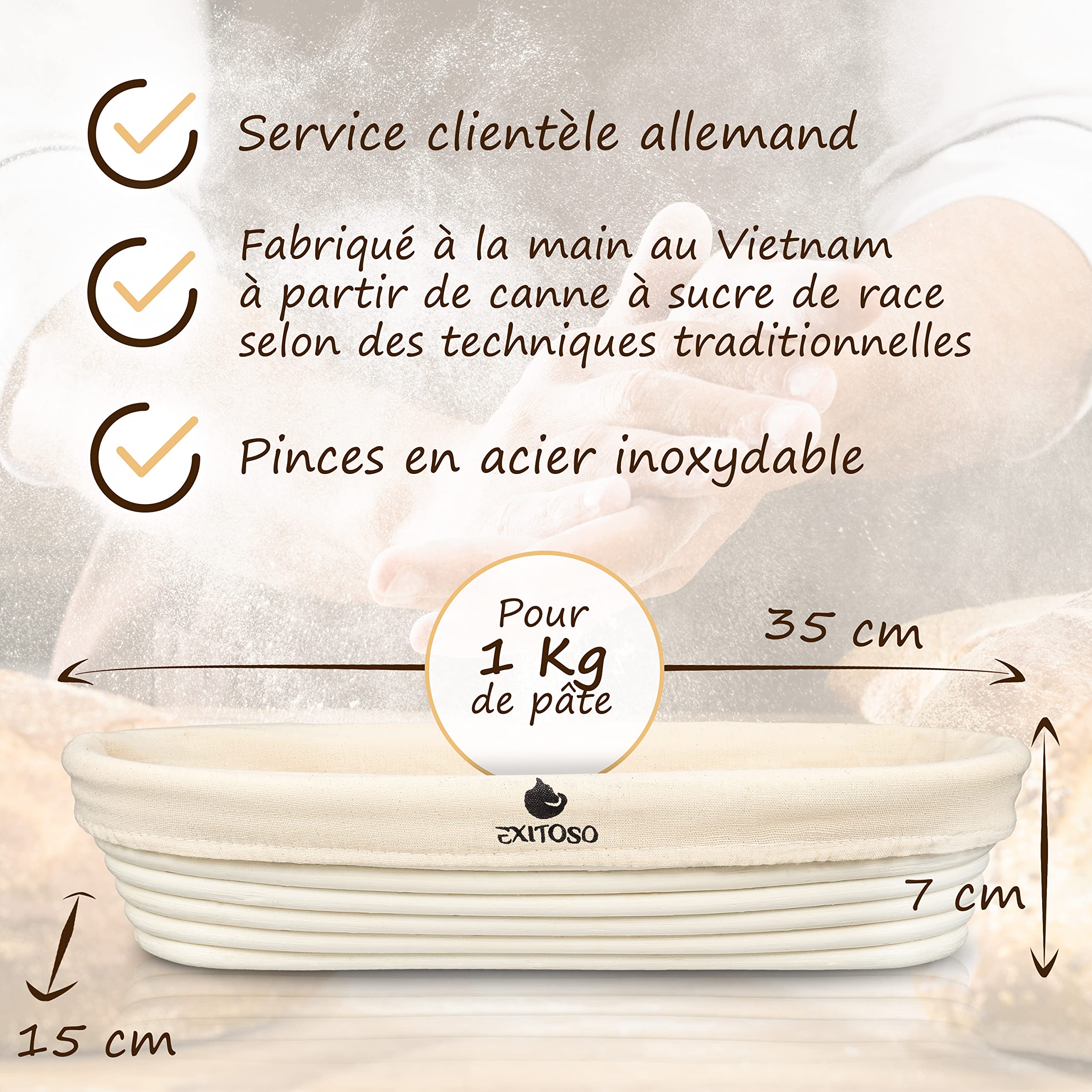 Exitoso Banneton pour Pain Ovale en Rotin Ø35cm 1Kg - Paniere Osier et Tissu Lin - Moule Long avec Lame Boulanger - Corbeille Tissu