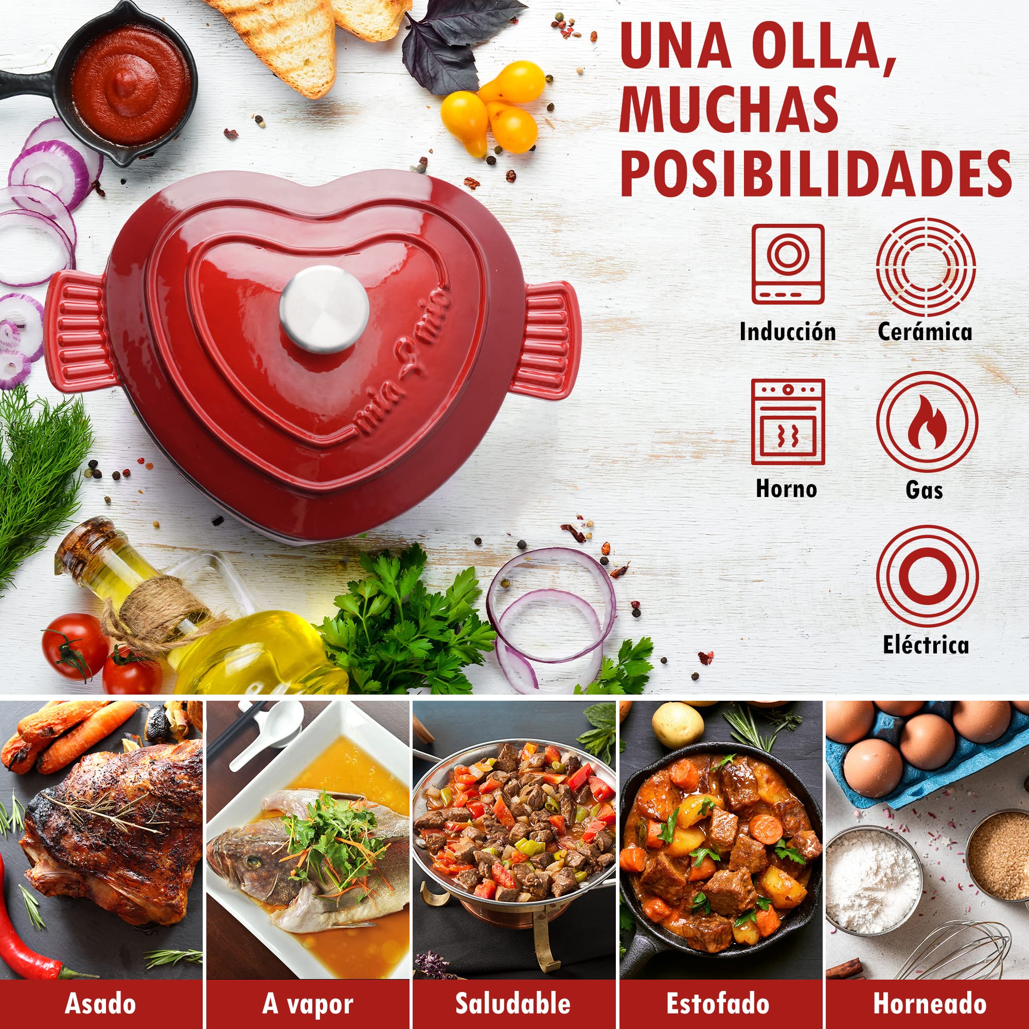 MIAMIO - Olla de hierro esmaltado (3 l), con tapa, corazón, Dutch oven | Olla de hierro fundido esmaltado apta para inducción y horno; Dutch oven con tapa, forma de corazón, regalo para Navidad