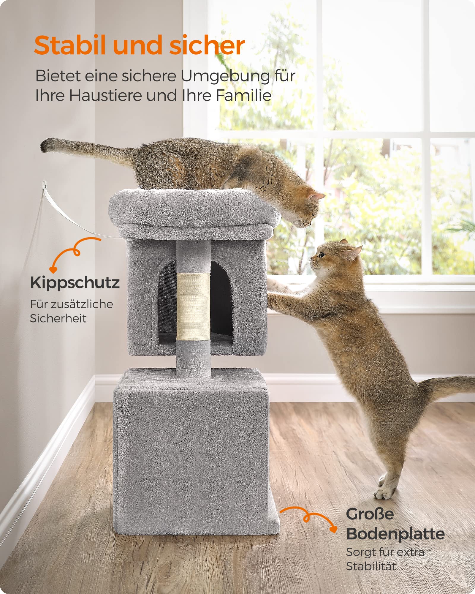 Feandrea Kratzbaum klein, 67 cm Katzenbaum, Katzenhaus für Kätzchen bis zu 3 kg, große Plattform, Sisalstämme, hellgrau PCT611W01