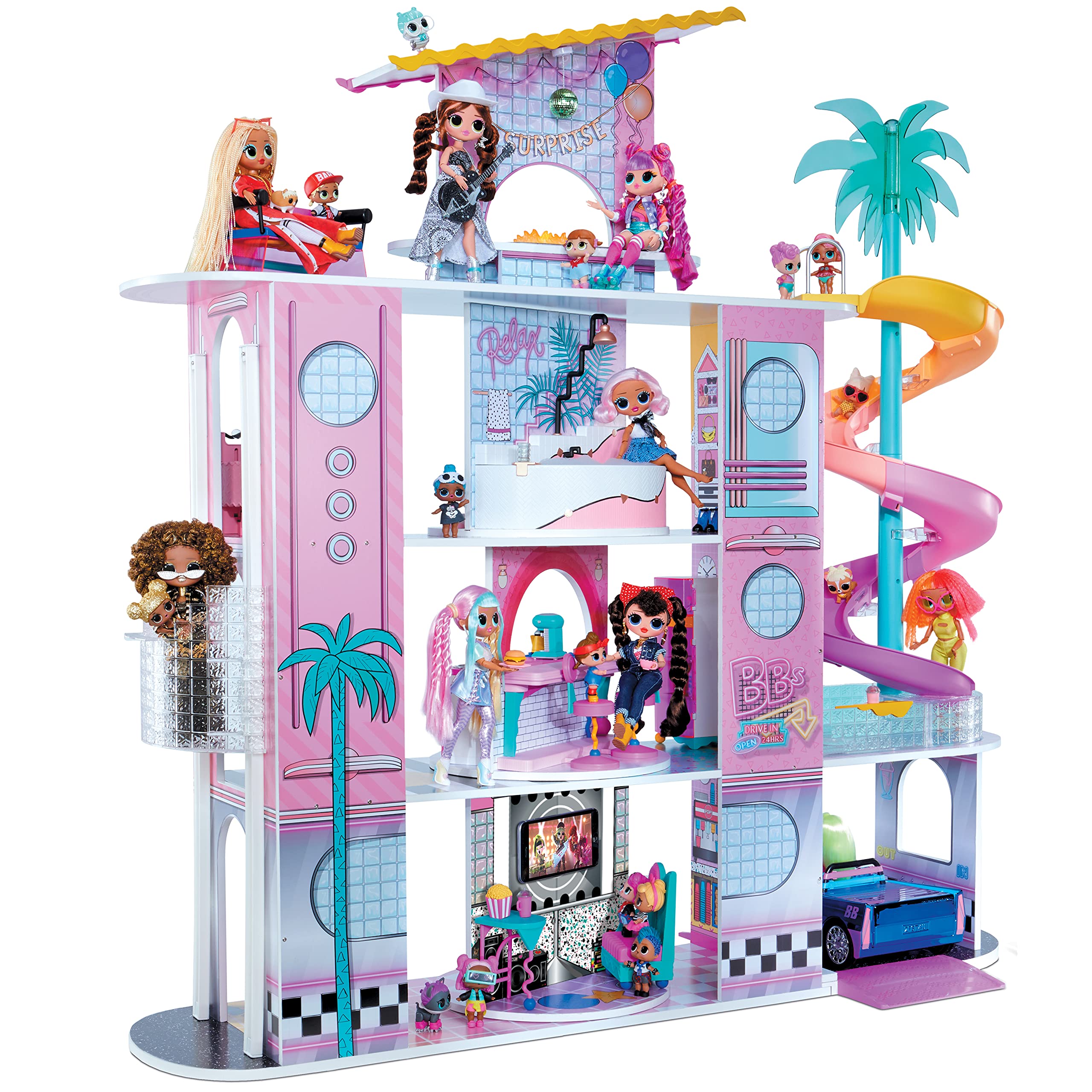 L.O.L. Surprise! OMG House of Surprises - 85+ Überraschungen, 4 Stories, 10 Räume - Inklusive Möbel, Accessoires und mehr - passend für LOL Surprise & OMG Dolls - Sammelpuppenhaus für Mädchen ab 3+