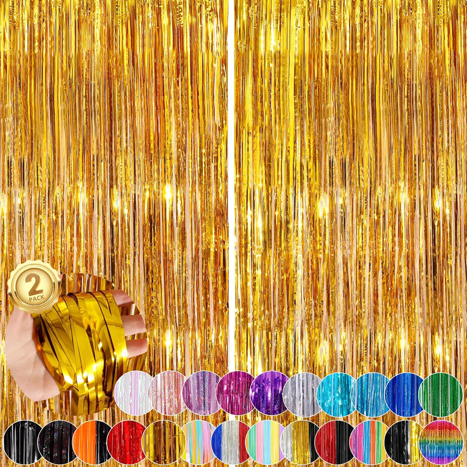 2Pack 3.3x8.3 Ft Gold Party Streamers, Tinsel Streamers