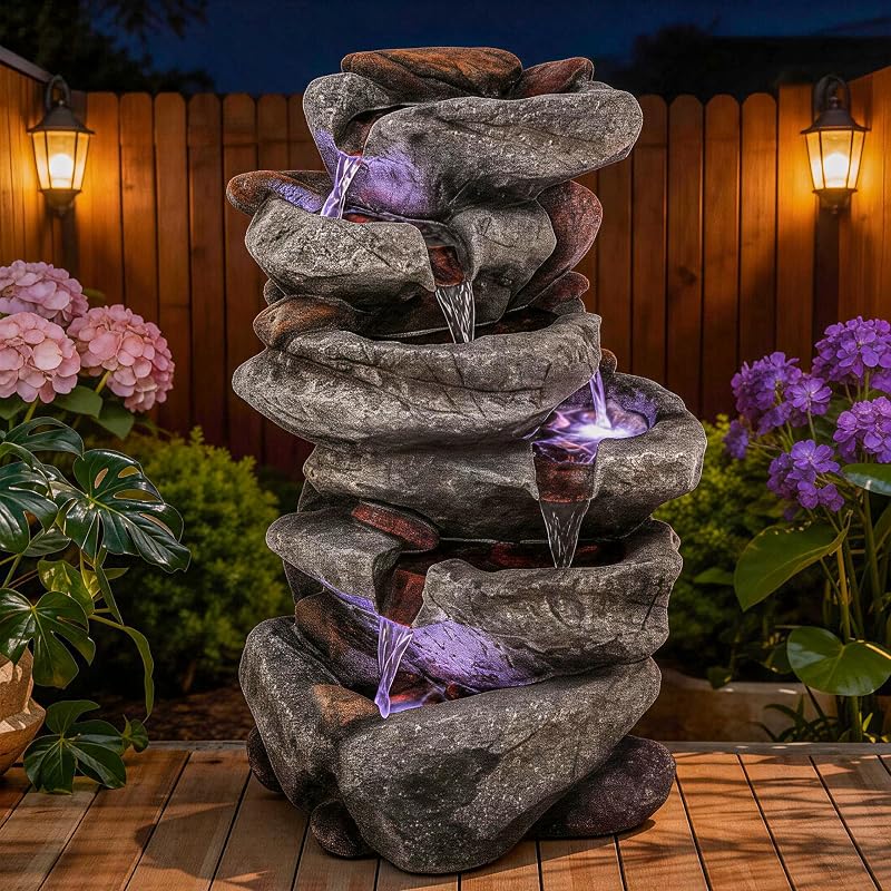 20" H Rock Outdoor Water Fountain with LED Lights | Unique 5-Tier Cascading Waterfall for Garden Patio Yard, Weather-Resistant Polyresin Water Feature for Tranquil Zen Oasis