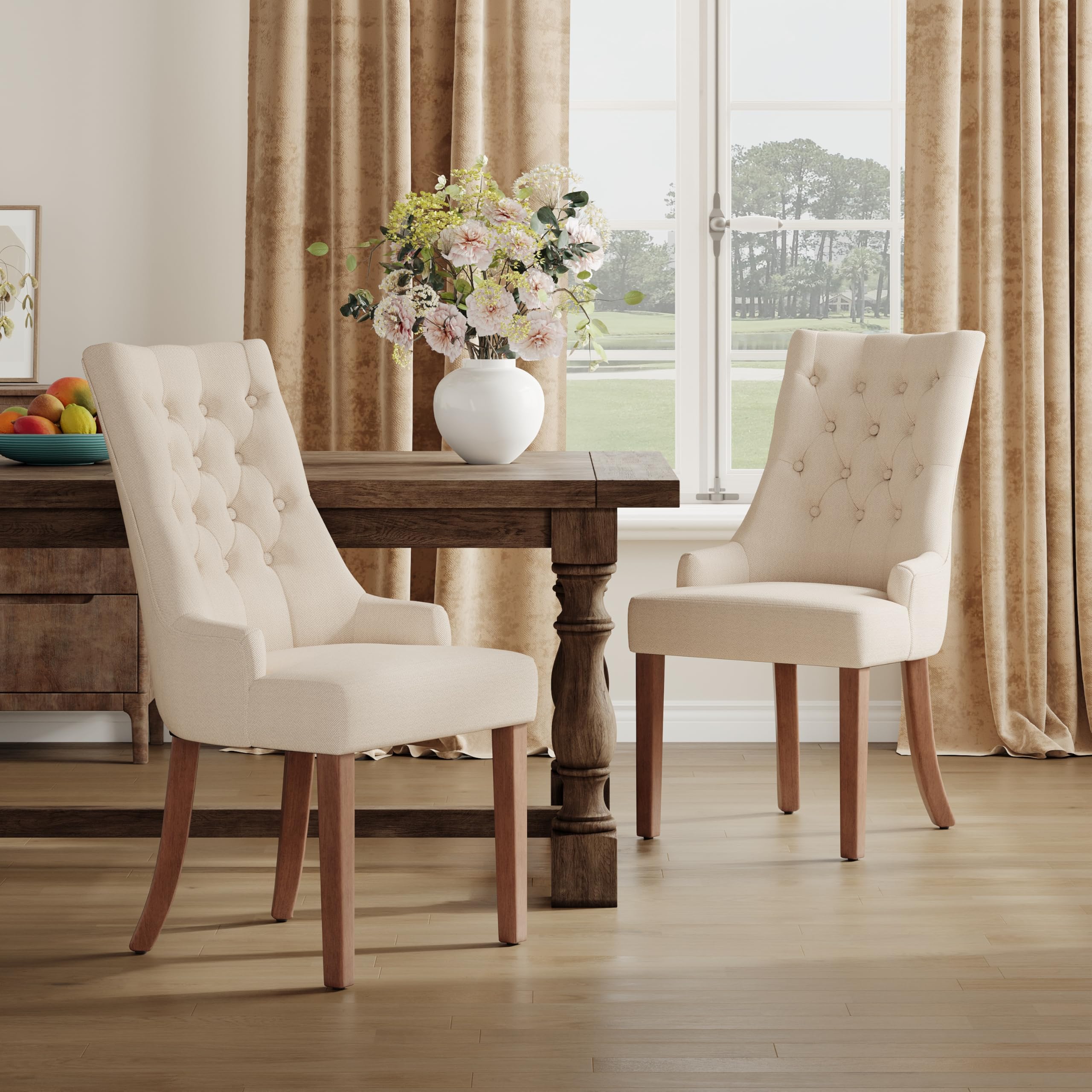 COLAMY Wingback Upholstered Dining Chairs Set of 2, Fabric Side Dining Room Chairs with Tufted Button, Living Room Chairs for Home Kitchen- Beige