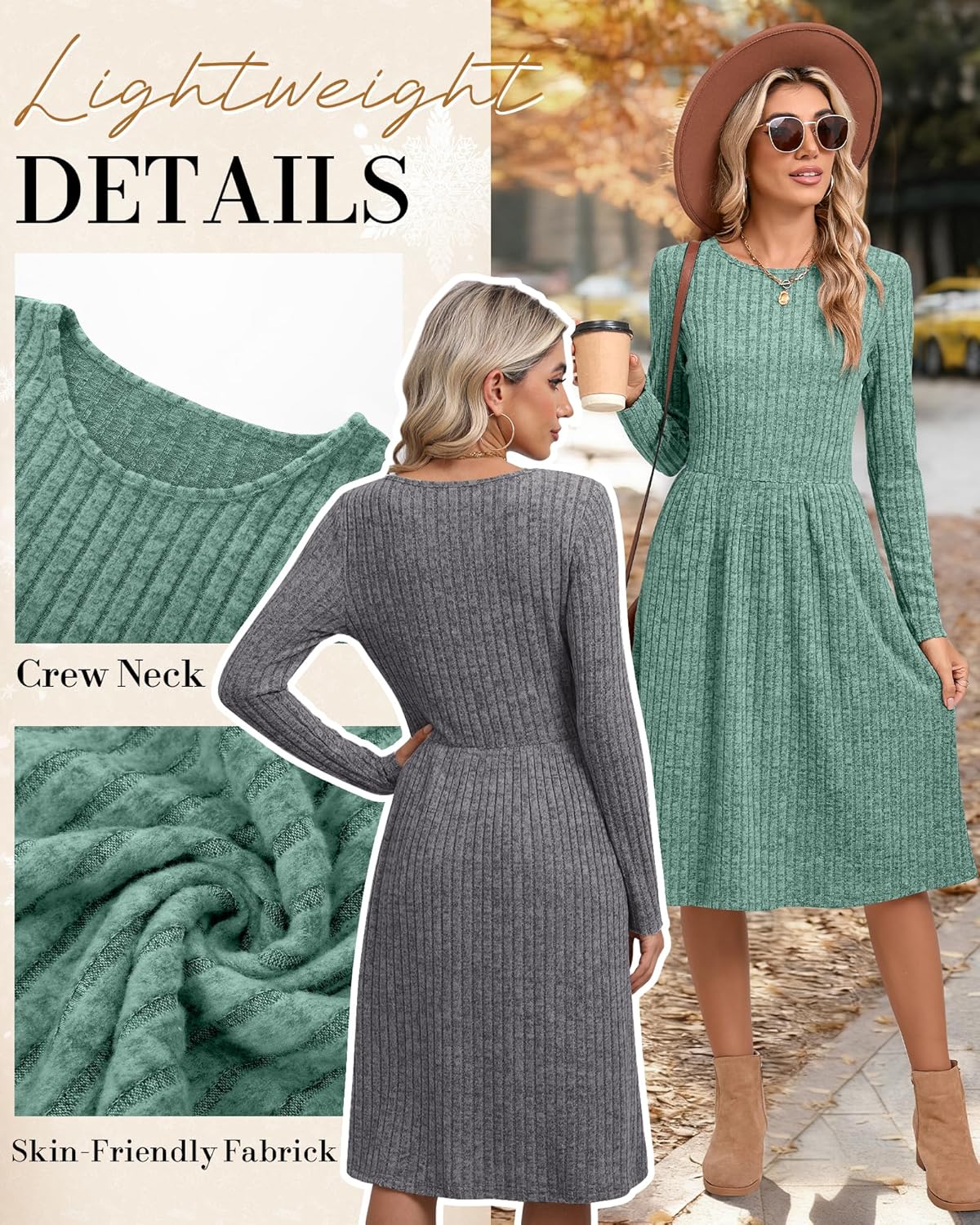 Riyiper 2 Pack Women's Long Sleeve Sweater Dress Ribbed Pleated Casual Round Neck Knee Length Dress with Pocket - Image 5