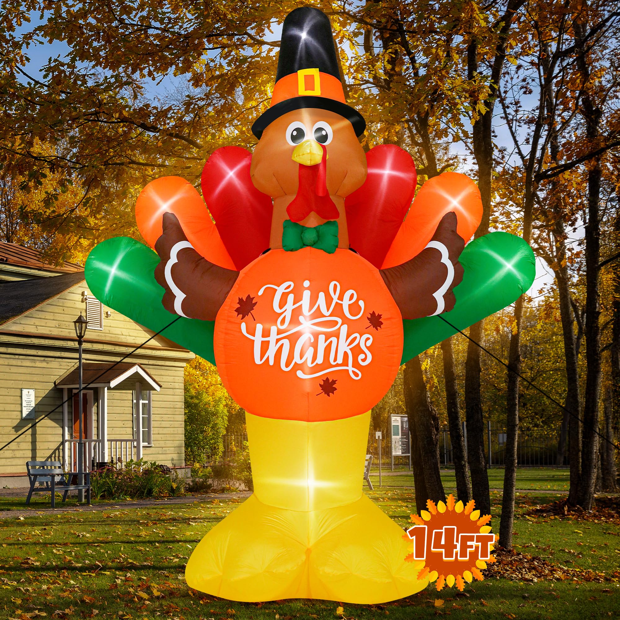 Dindon gonflable géant 4m20 avec citrouille, décor extérieur lumineux pour Thanksgiving et automne