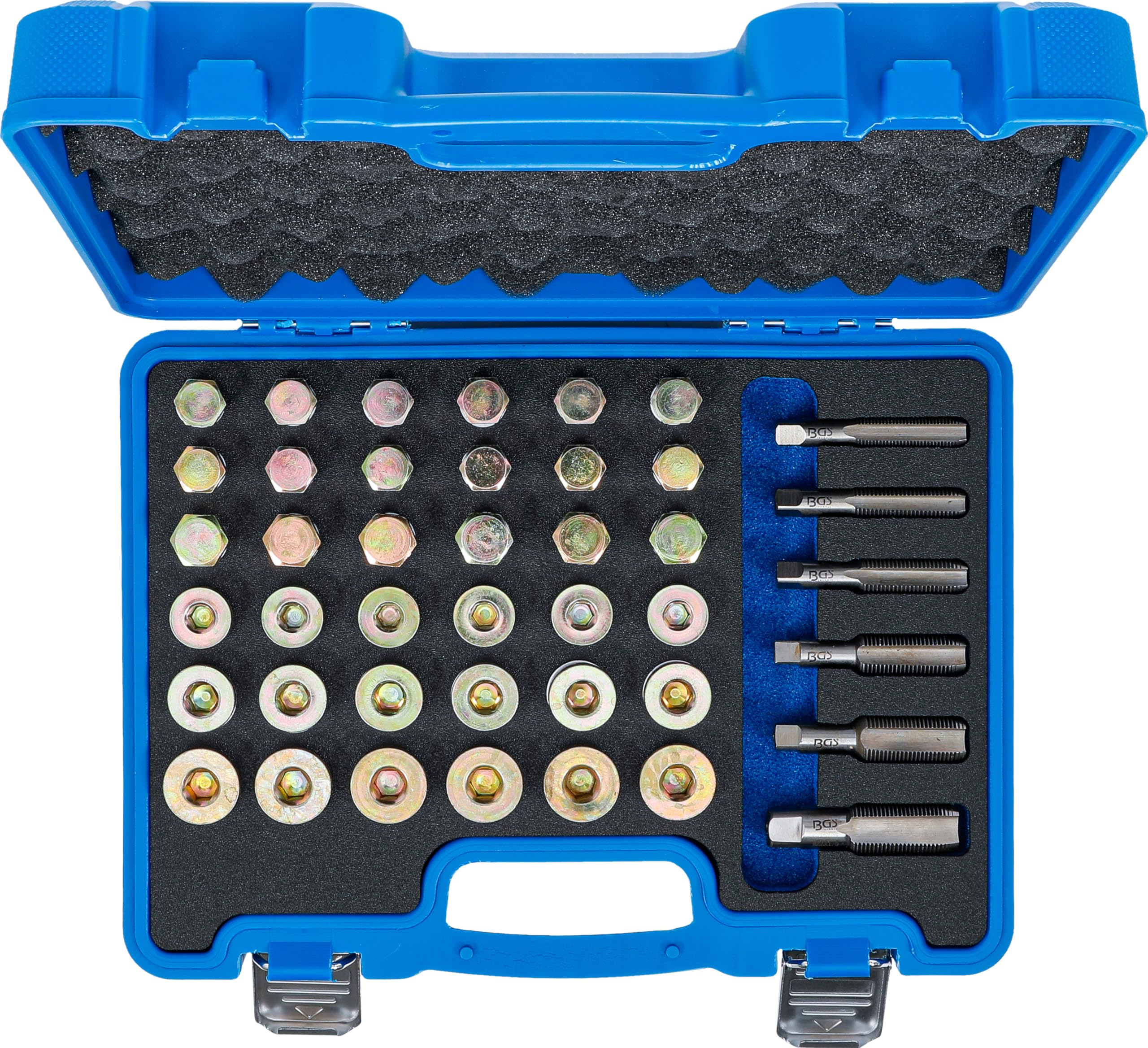 BGS 123 | Reparatursatz für Öl-Ablass-Gewinde | 114-tlg. | 6 Gewindebohrer | 6 Ölablassschrauben | 72 Alu-Dichtringe Ø 13, 15, 17, 20, 22 mm | Chrom-Molybdän-Stahl