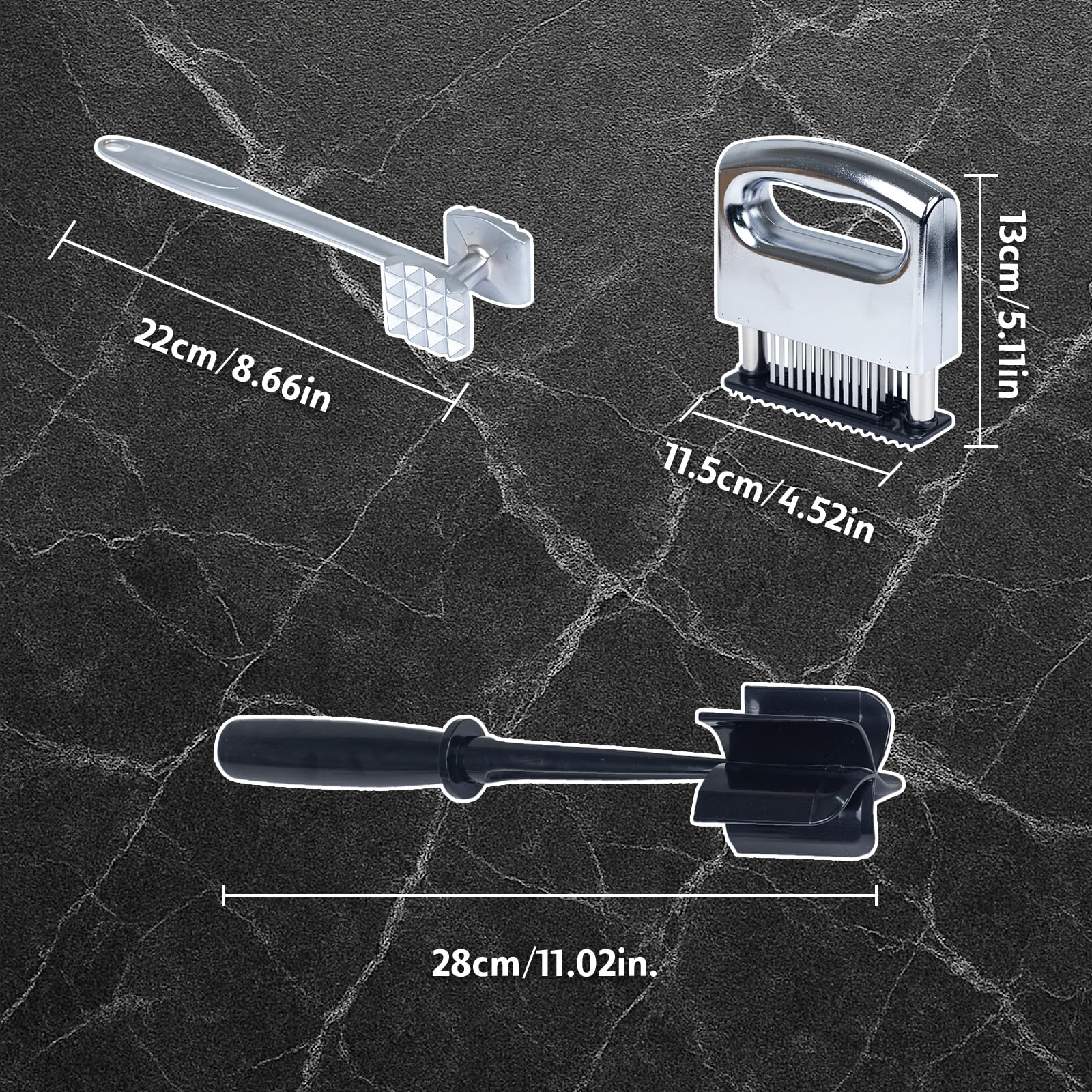 Fleischklopfer Werkzeug-Set – inklusive strukturiertem Fleischklopfer Hammer, Edelstahl-Nadelklopfer, ABS-Rührstab und Reinigungsbürste – 4-teiliges robustes Küchenzubehör für Steak und Huhn
