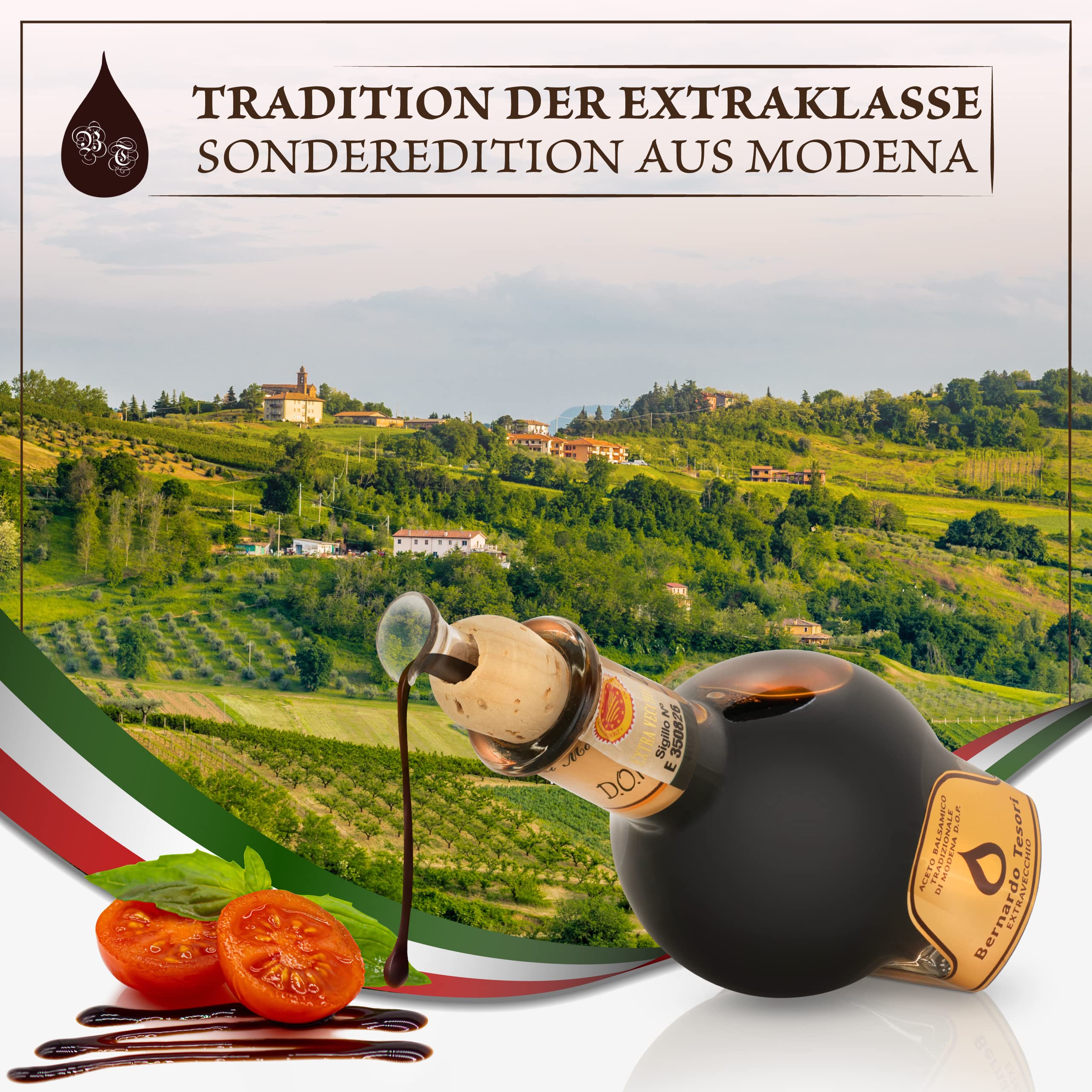 Aceto Balsamico Tradizionale di Modena ExtraVecchio D.O.P. - Bernardo Tesori Gold - traditioneller, extra alter Balsamico-Essig aus Italien, 25 Jahre+ im Holzfass gereift - mit Holzbox + Ausgießer